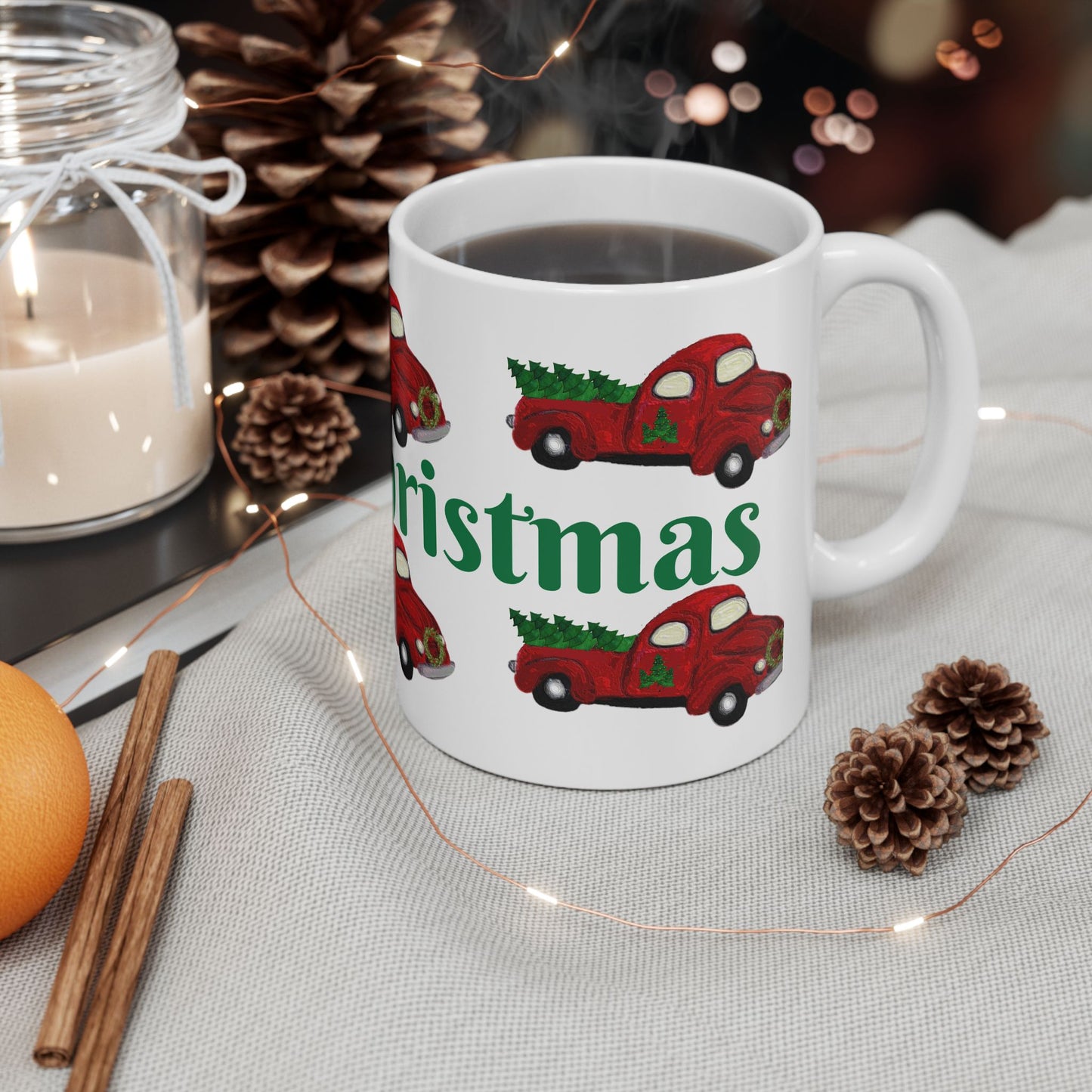 Red country pick up truck  Christmas Ceramic Mug (11oz, 15oz) - Coastal Holiday Coffee Cup - Great Christmas Gift