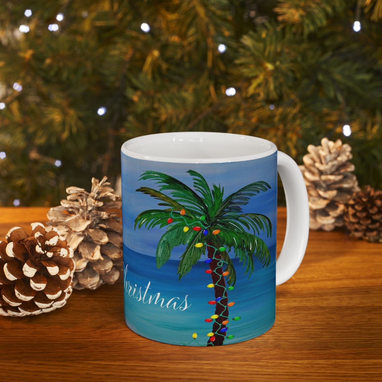 Tropical Christmas with decorated palm trees Ceramic Mug (11oz, 15oz) - Coastal Holiday Coffee Cup - Great Christmas Gift