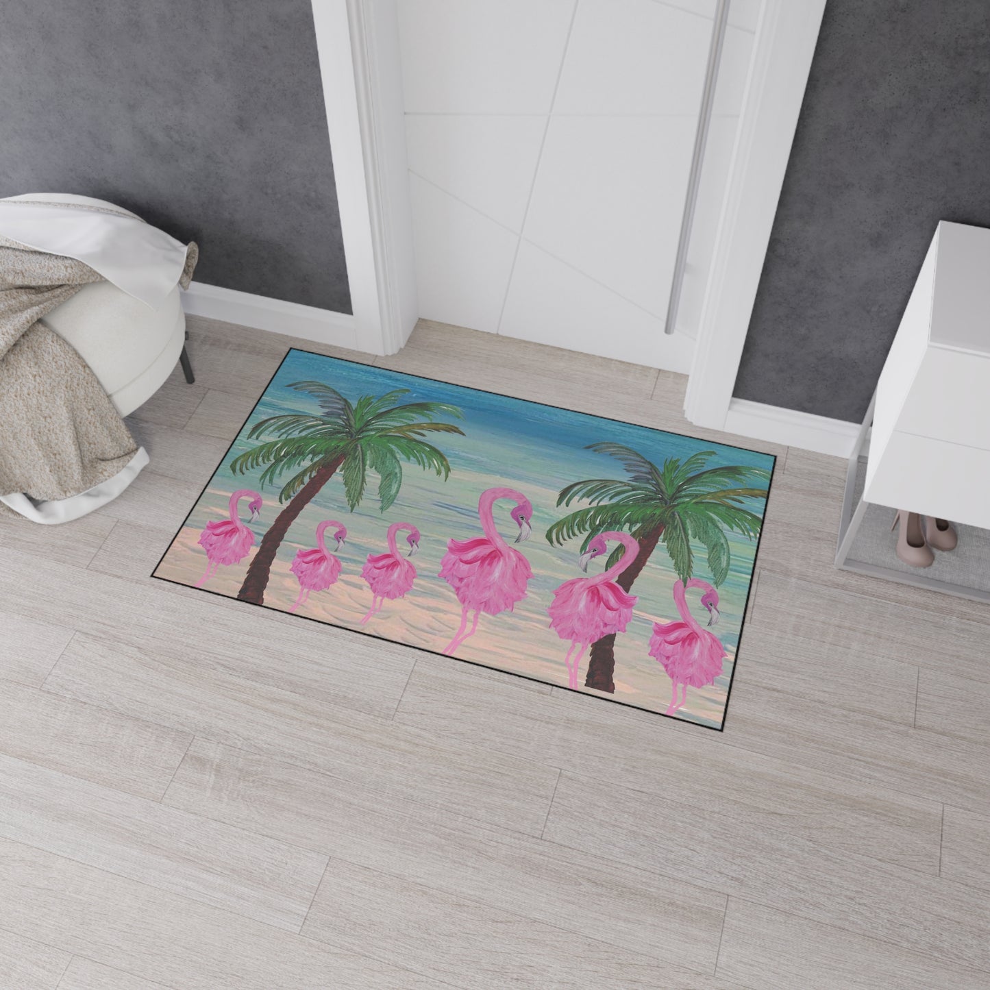 Floor Mat - Flamingo and Palm Trees Coastal Beach Tropical Home Rug with Non-Skid Backing