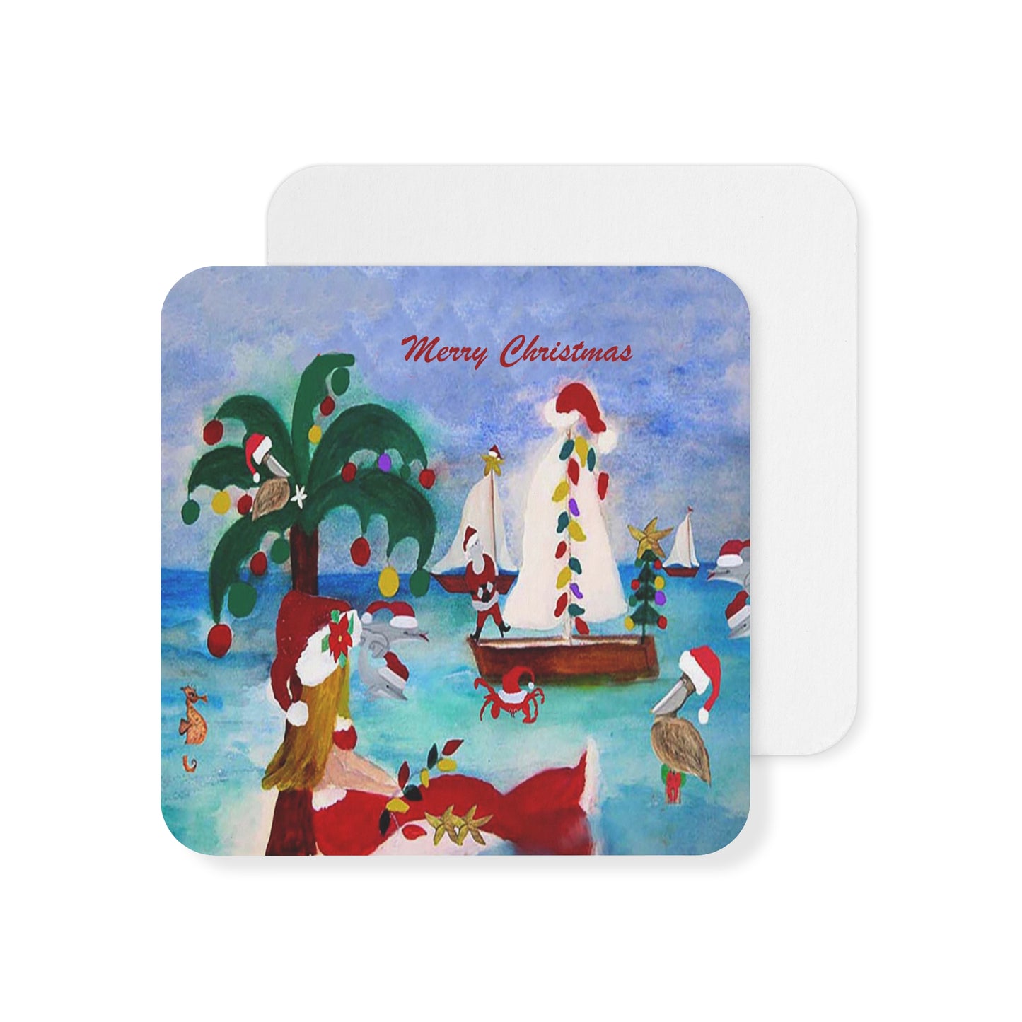 Christmas nautical boat parade with Santa mermaid Holiday party Coasters Set Hardboard (50 or 100 pcs) Size 4 x 4 inches.