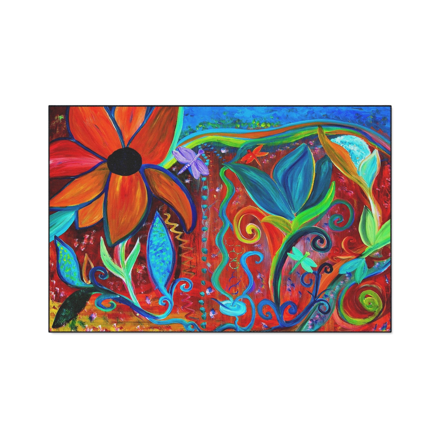 Door Mat - Abstract Floral Intuitive Art Theme - Orange Blue - Non-Skid Backing