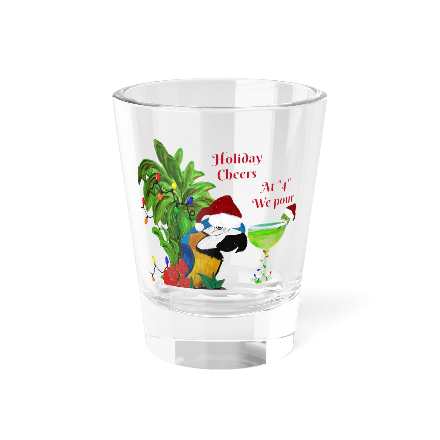 Parrot head Christmas Cheers Holiday shooters farm country home festive party barware cocktails Shot Glass, 1.5oz. Christmas tiki bar shot glasses.