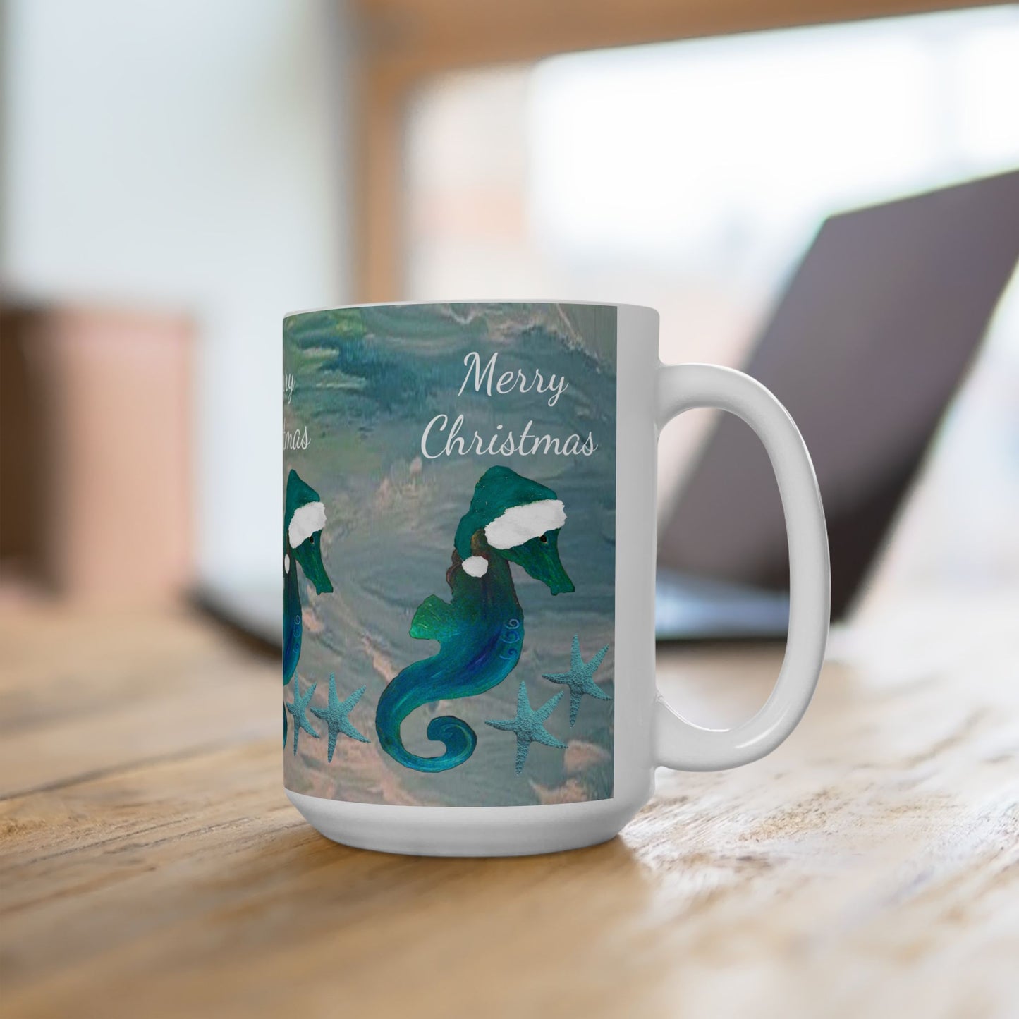 Christmas seahorse with teal Santa hat in clearwater beach Ceramic Mug (11oz, 15oz) - Coastal Holiday Coffee Cup - Great Christmas Gift