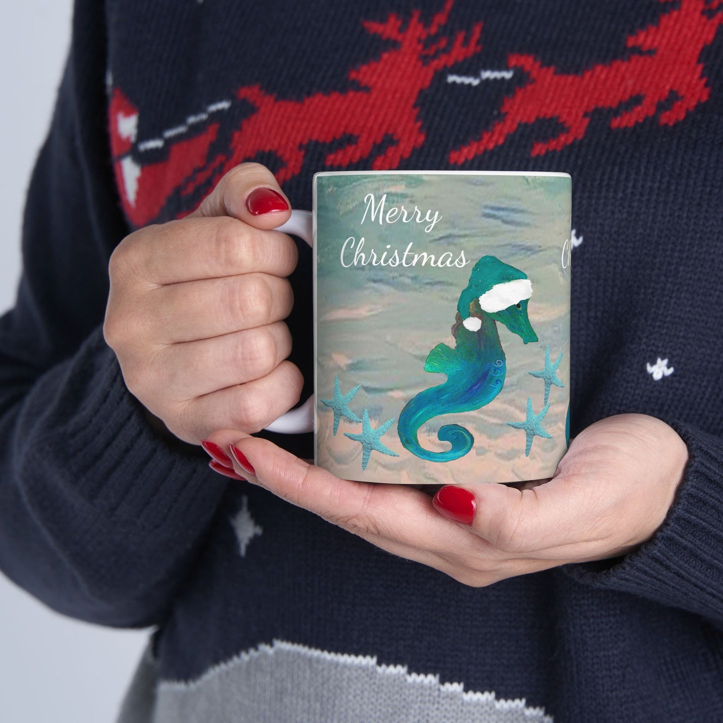 Christmas seahorse with teal Santa hat in clearwater beach Ceramic Mug (11oz, 15oz) - Coastal Holiday Coffee Cup - Great Christmas Gift