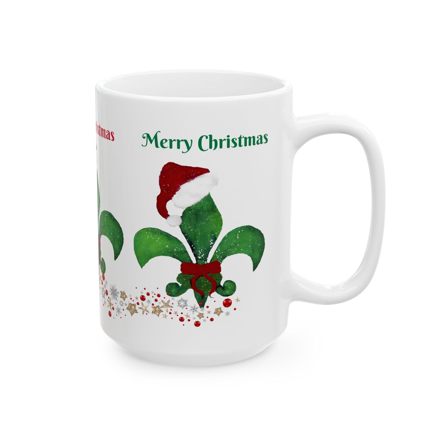 Santa fleur de lis red green white Holiday Christmas Ceramic Mug (11oz, 15oz) - Holiday Coffee Cup - Great Cajun Christmas Gift