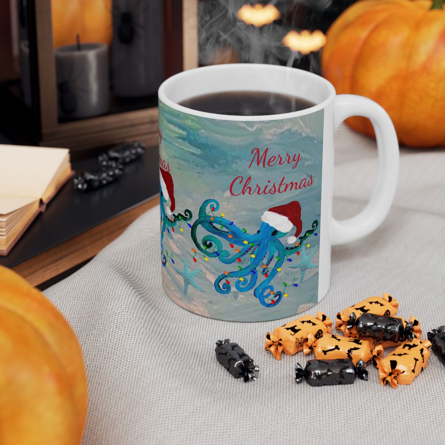 Christmas blue octopus in clearwater beach Ceramic Mug (11oz, 15oz) - Coastal Holiday Coffee Cup - Great Christmas Gift