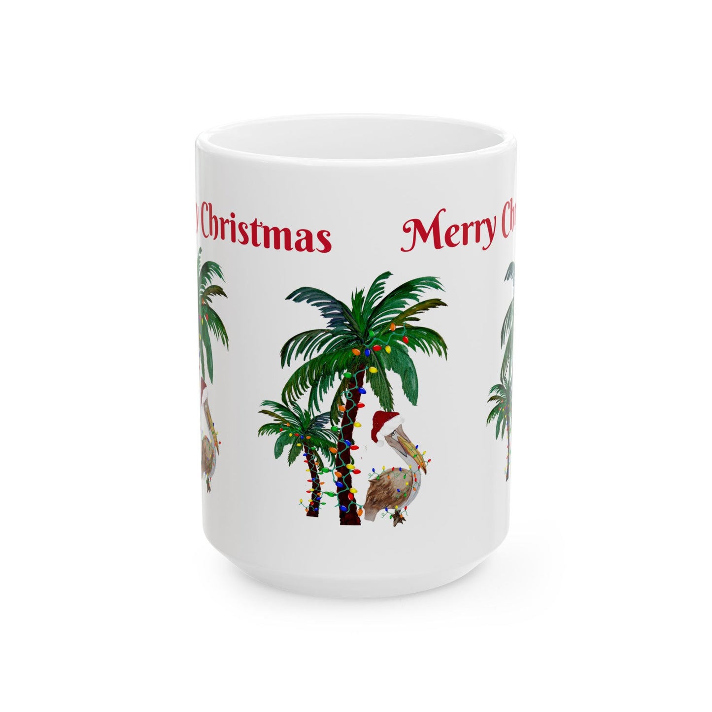 Pelican tropical Christmas with decorated palm trees Ceramic Mug (11oz, 15oz) - Coastal Holiday Coffee Cup - Great Christmas Gift