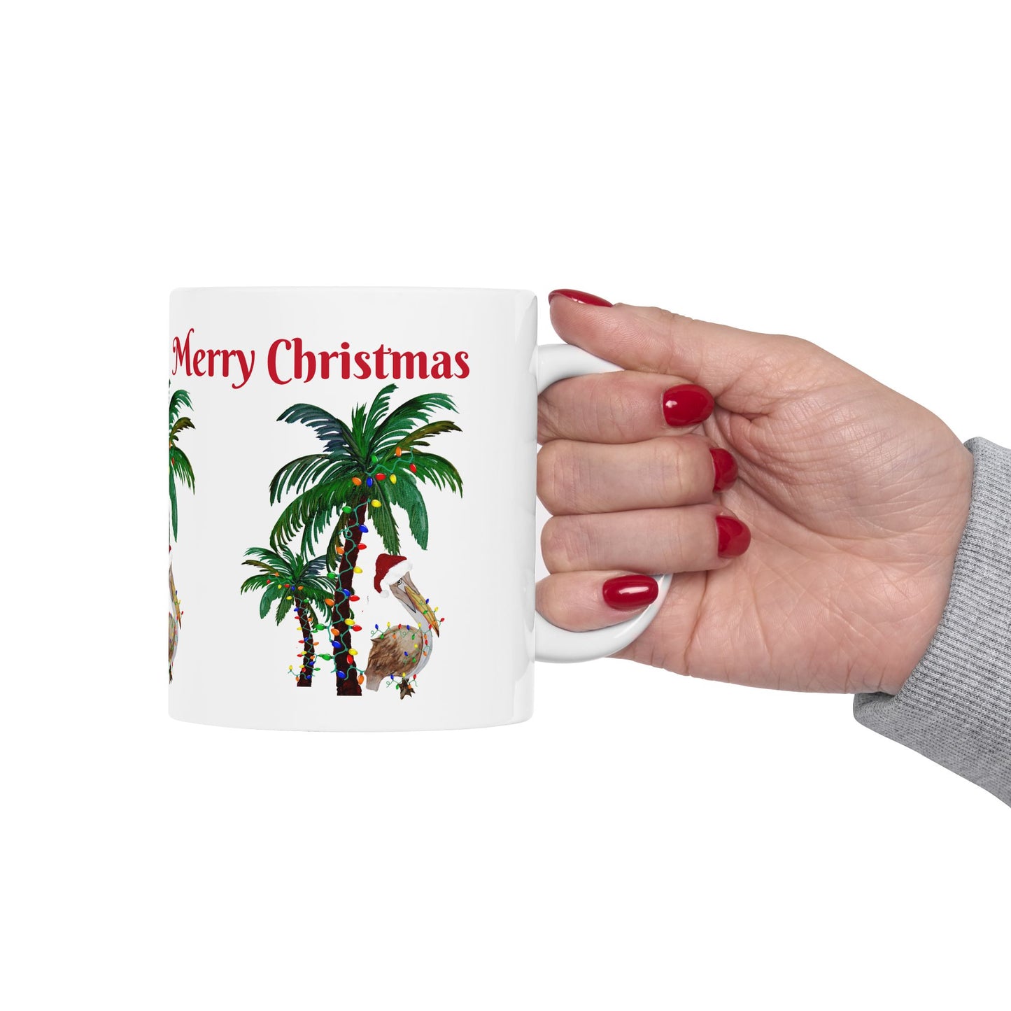 Pelican tropical Christmas with decorated palm trees Ceramic Mug (11oz, 15oz) - Coastal Holiday Coffee Cup - Great Christmas Gift