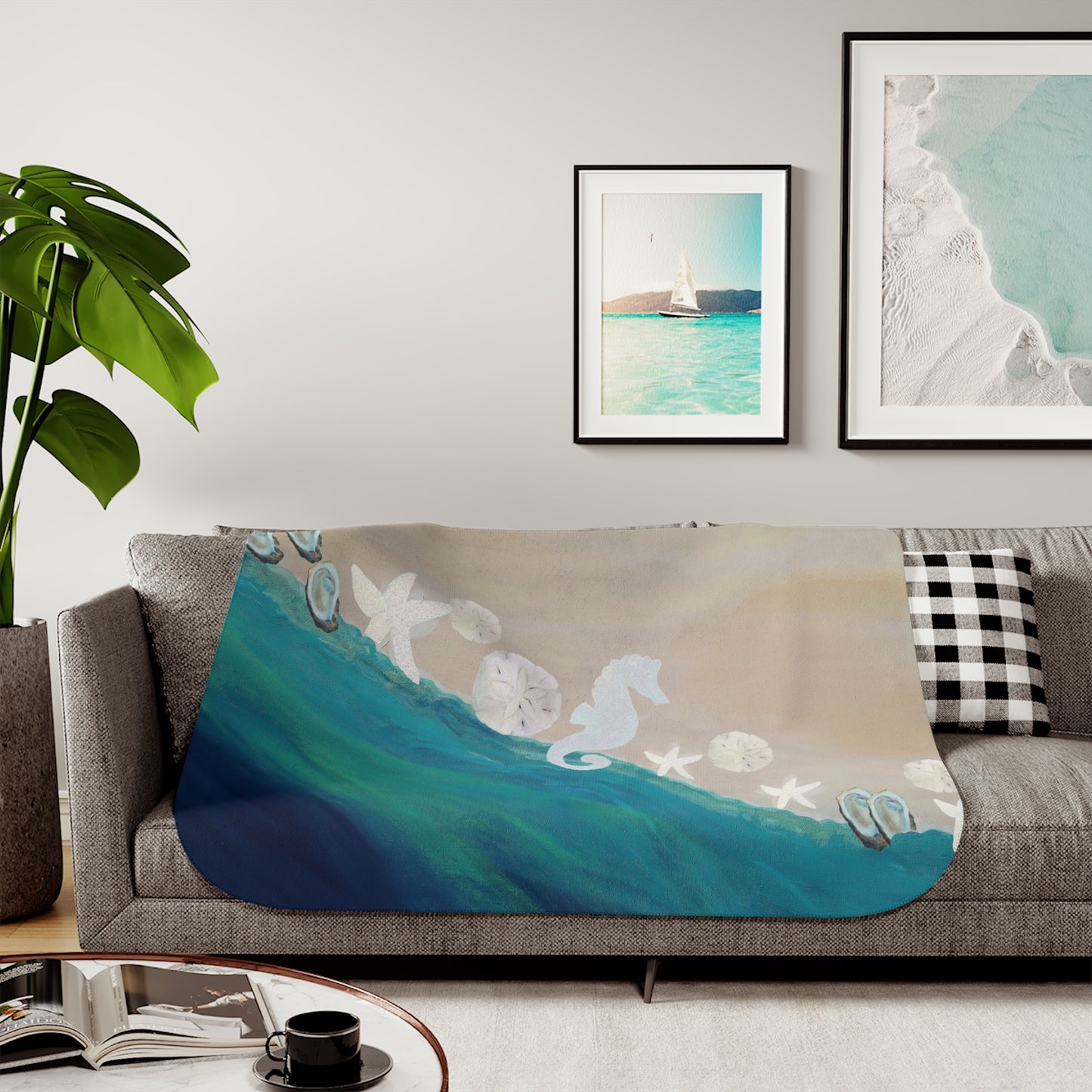 Coastal shores with seahorse, seashells and starfish art Sherpa Blanket, Coastal beach Design, Two Colors