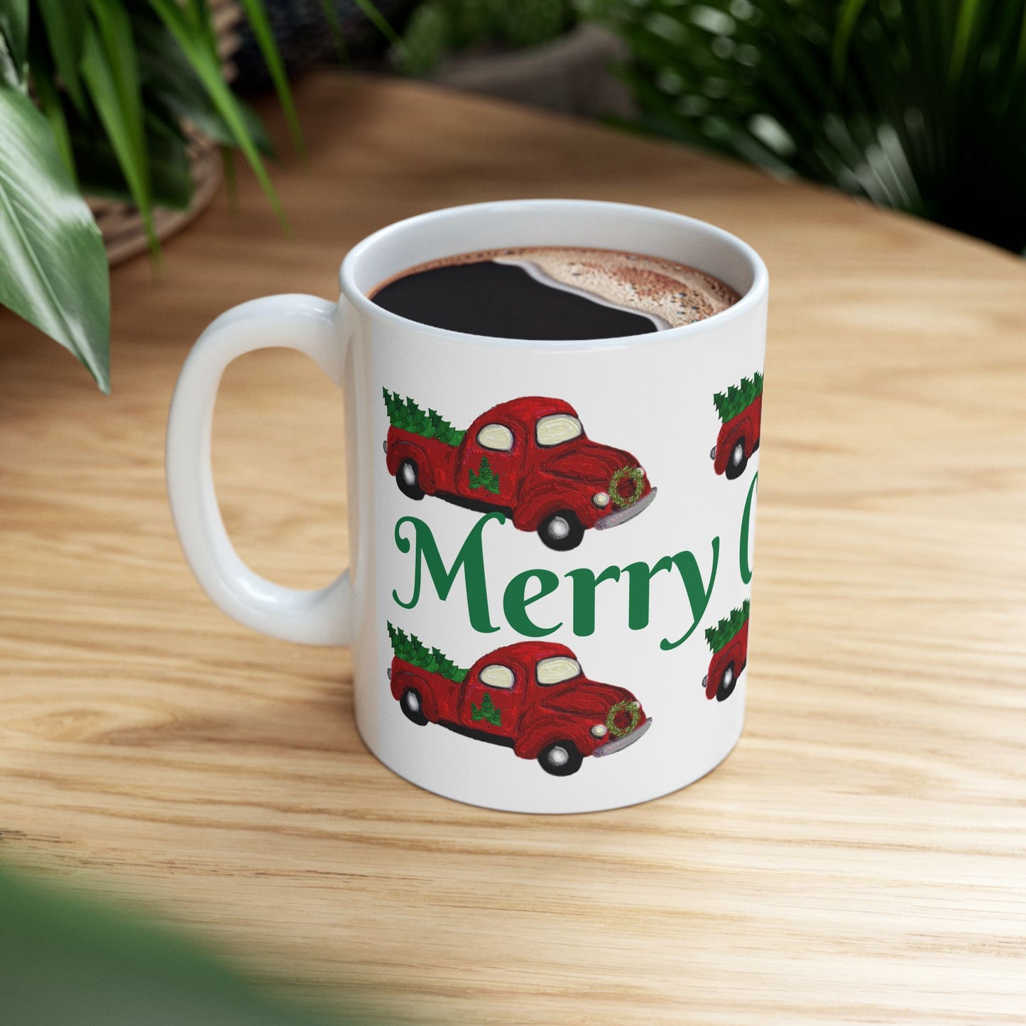 Red country pick up truck  Christmas Ceramic Mug (11oz, 15oz) - Coastal Holiday Coffee Cup - Great Christmas Gift