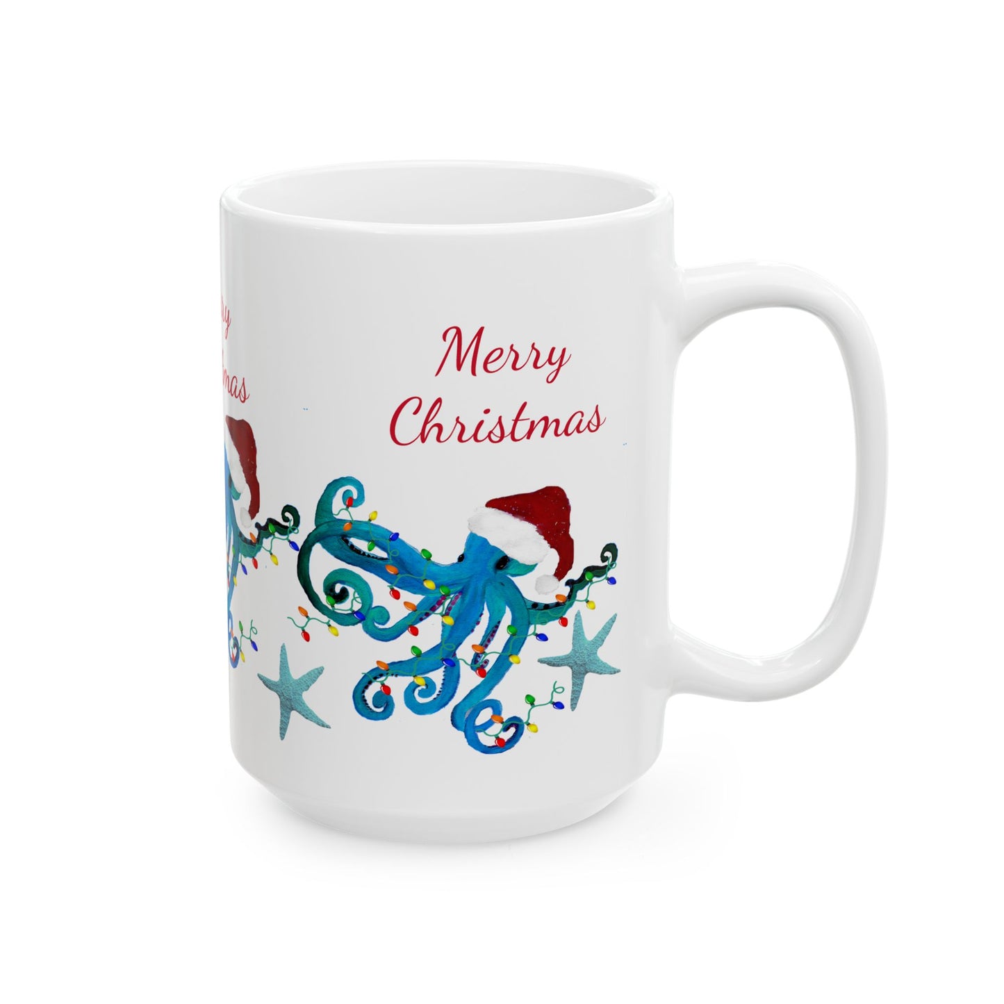 Christmas blue octopus Ceramic Mug (11oz, 15oz) - Coastal Holiday Coffee Cup - Great Christmas Gift