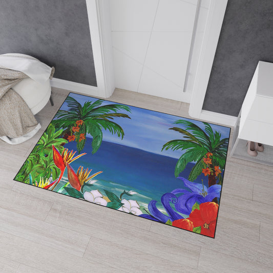 Floor Mat - Tropical Beach with Palm Trees and Flowers Coastal Door Floormat, Non-Skid Backing, 5 Sizes Available