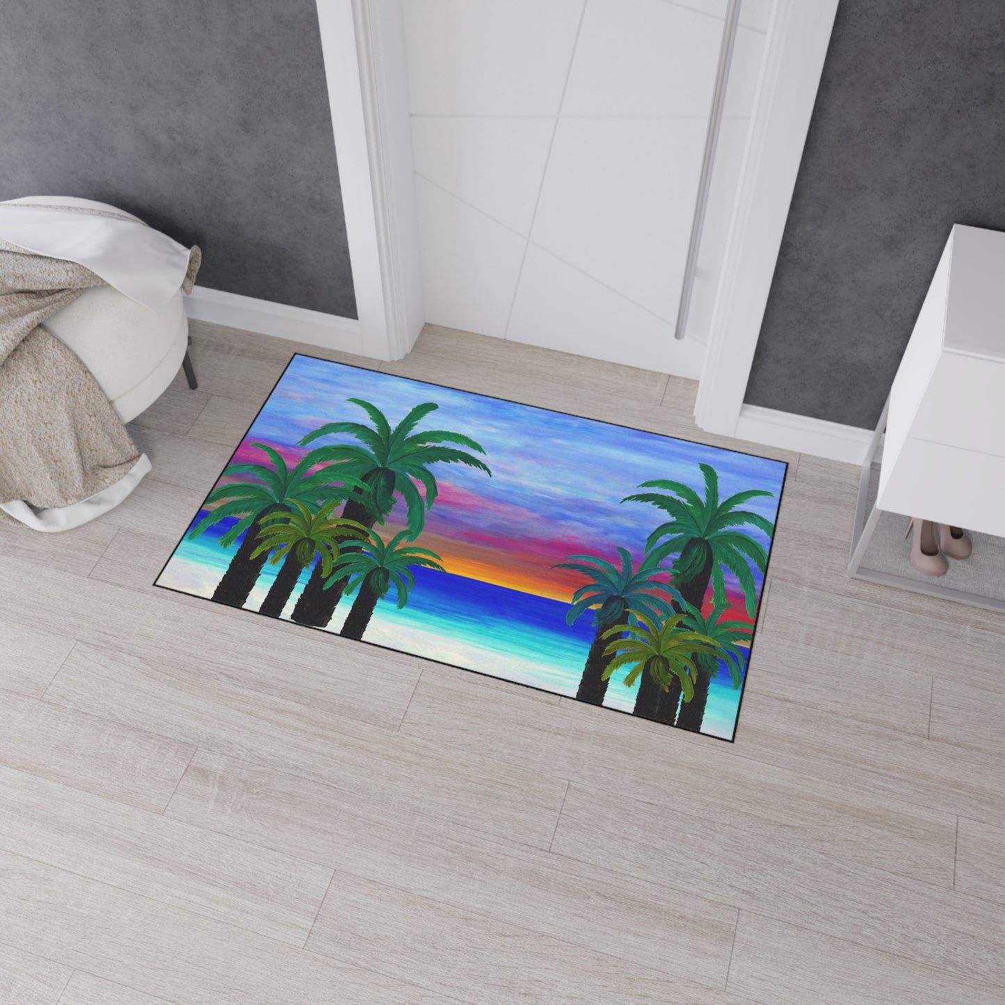 Sunset palm trees beach tropical home theme coastal door floormat for indoor or outdoor with Non-Skid Backing, 5 Sizes Available