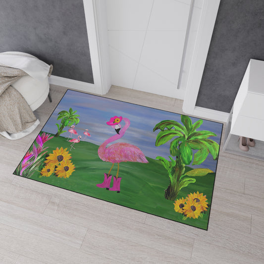 Coastal Country Cowgirl Flamingo in pink hat Home door floormat rug with non-skid backing- Available in 5 Sizes