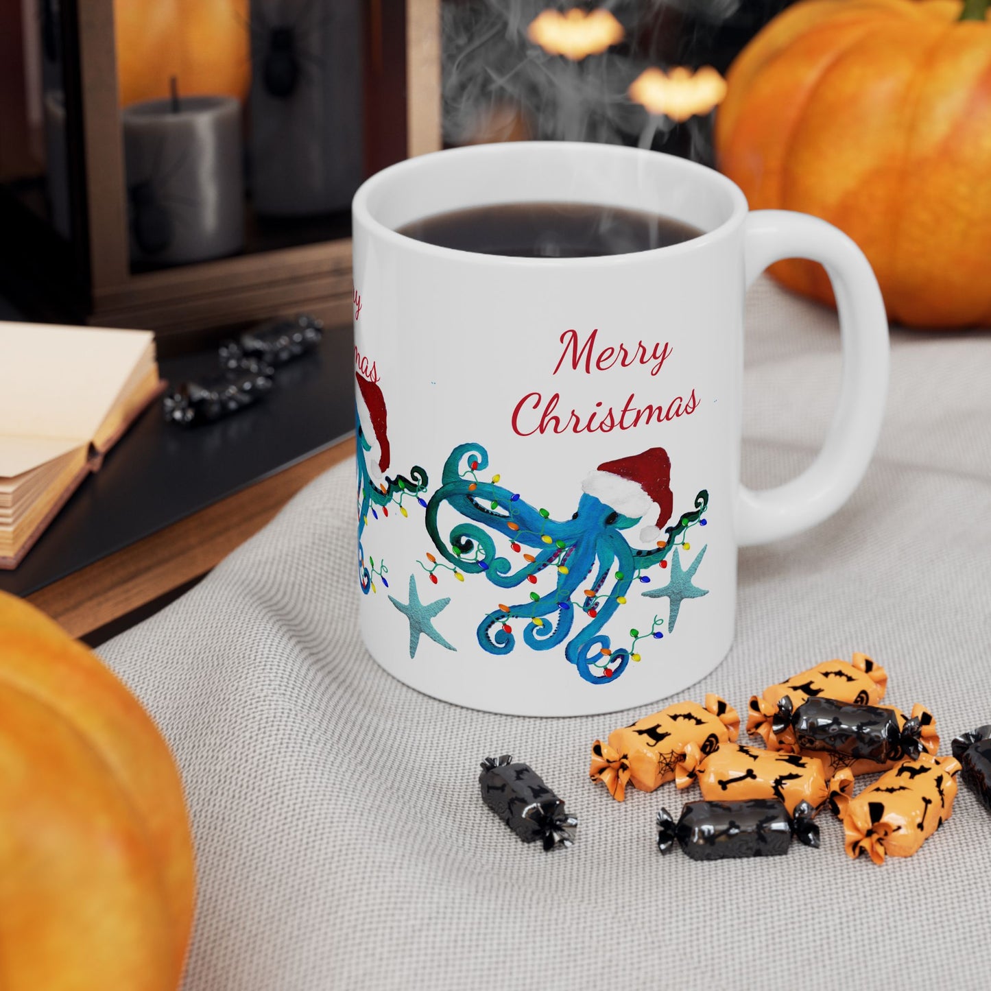 Christmas blue octopus Ceramic Mug (11oz, 15oz) - Coastal Holiday Coffee Cup - Great Christmas Gift