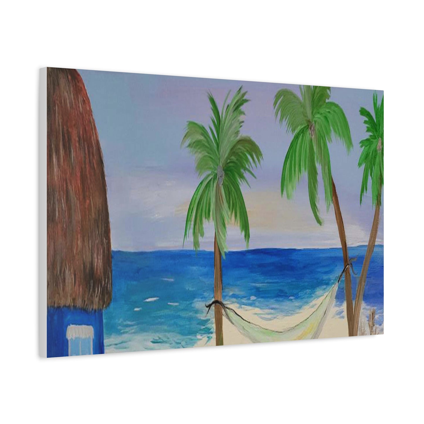 Tropical Beach Canvas Wall art of tiki hut and hammock on the beach.