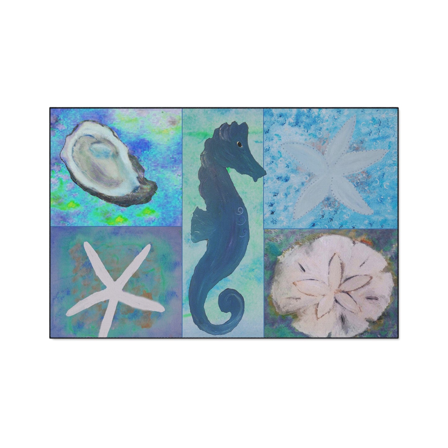 Seahorse and seashells blue Beach Home door floormat rug with non-skid backing- Available in 5 Sizes