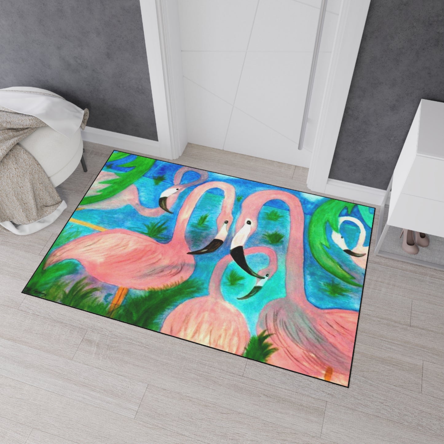 Flamingo party Coastal Beach Tropical Home Rug with Non-Skid Backing. Available in 5 sizes