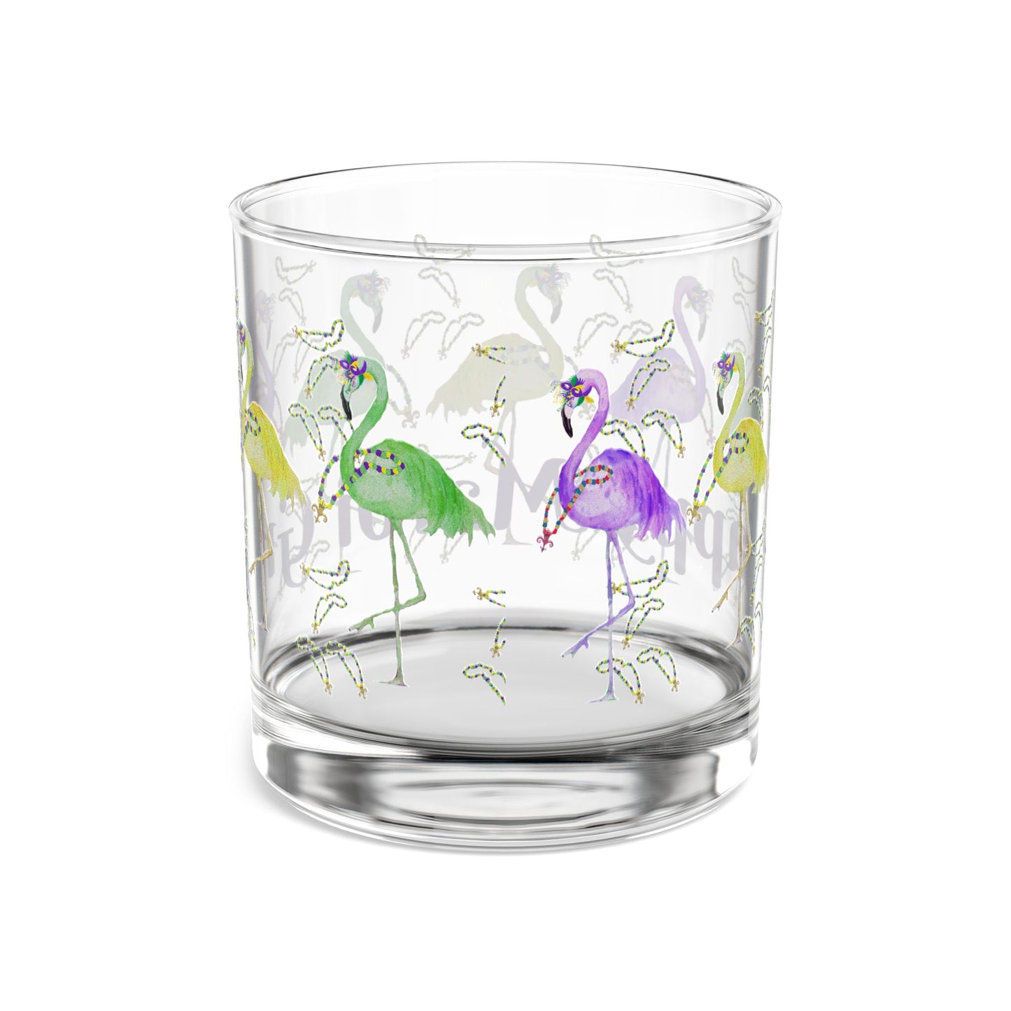 Mardi Gras Flamingos and beads party barware party cocktail Rocks Glass, 10oz