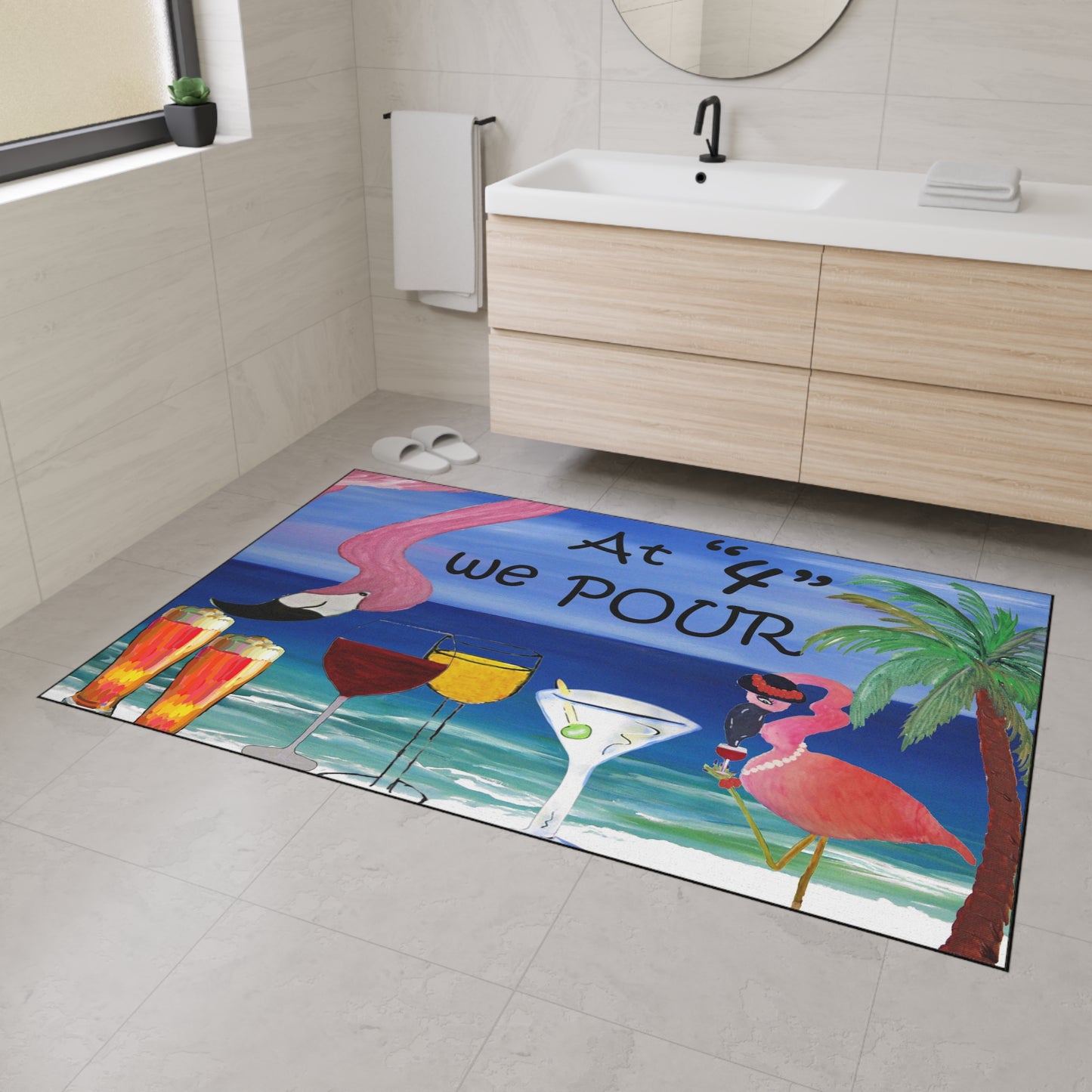 Floor Mat - Flamingo Bar At Four We Pour Funny Tropical Theme Coastal Door Mat, 5 Sizes Available