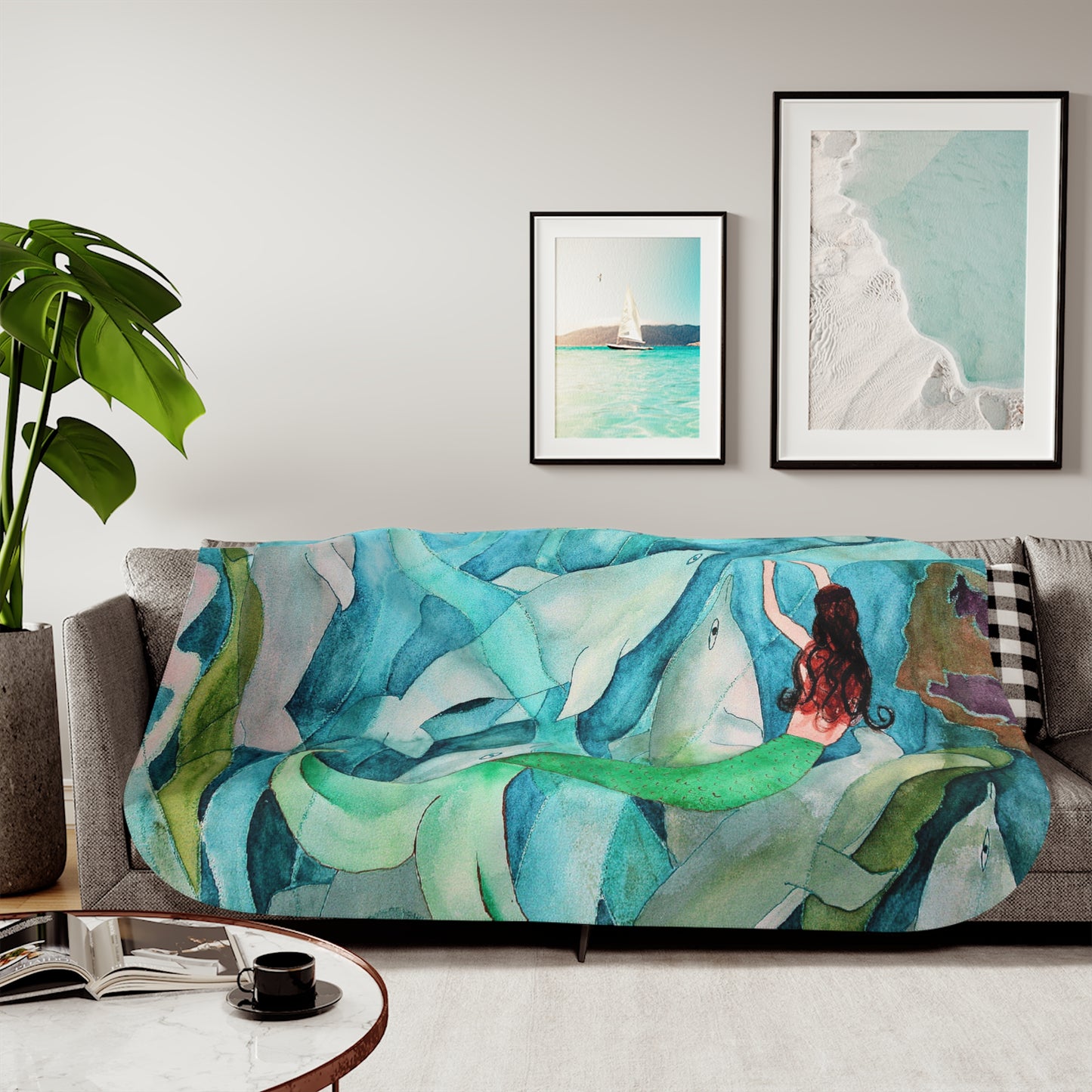 Sherpa Blanket, Coastal Mermaid and Dolphins Design, Two Colors