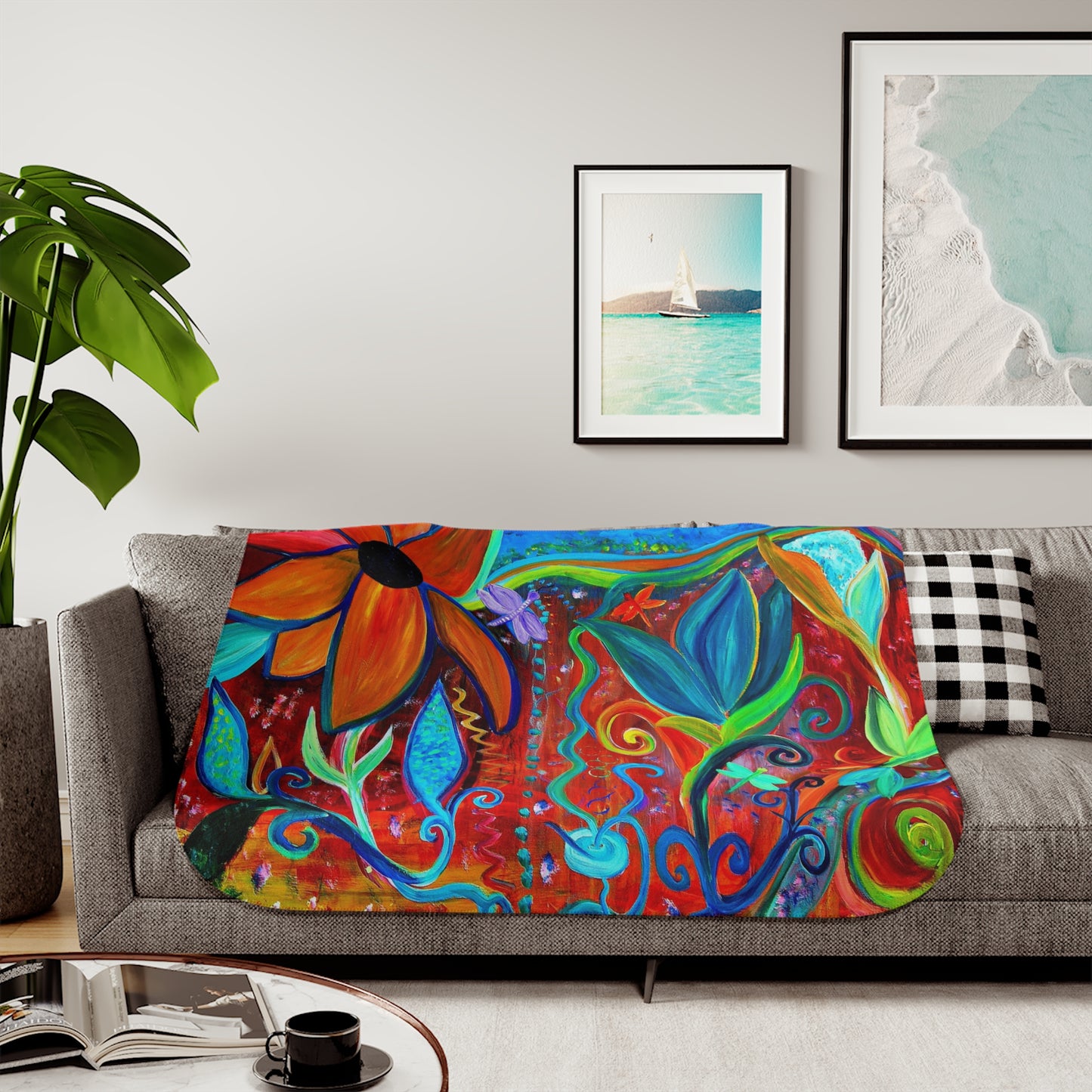 Abstract floral intuitive art orange, blue, greens Sherpa Blanket, Coastal Mermaid and Dolphins Design, Two Colors