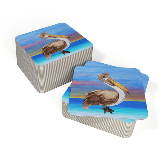 Pelican Beach Coaster Set, Beach Decor Coasters, Unique Gift for Ocean Lovers, Drink Coasters for Home, Art Coasters for Parties