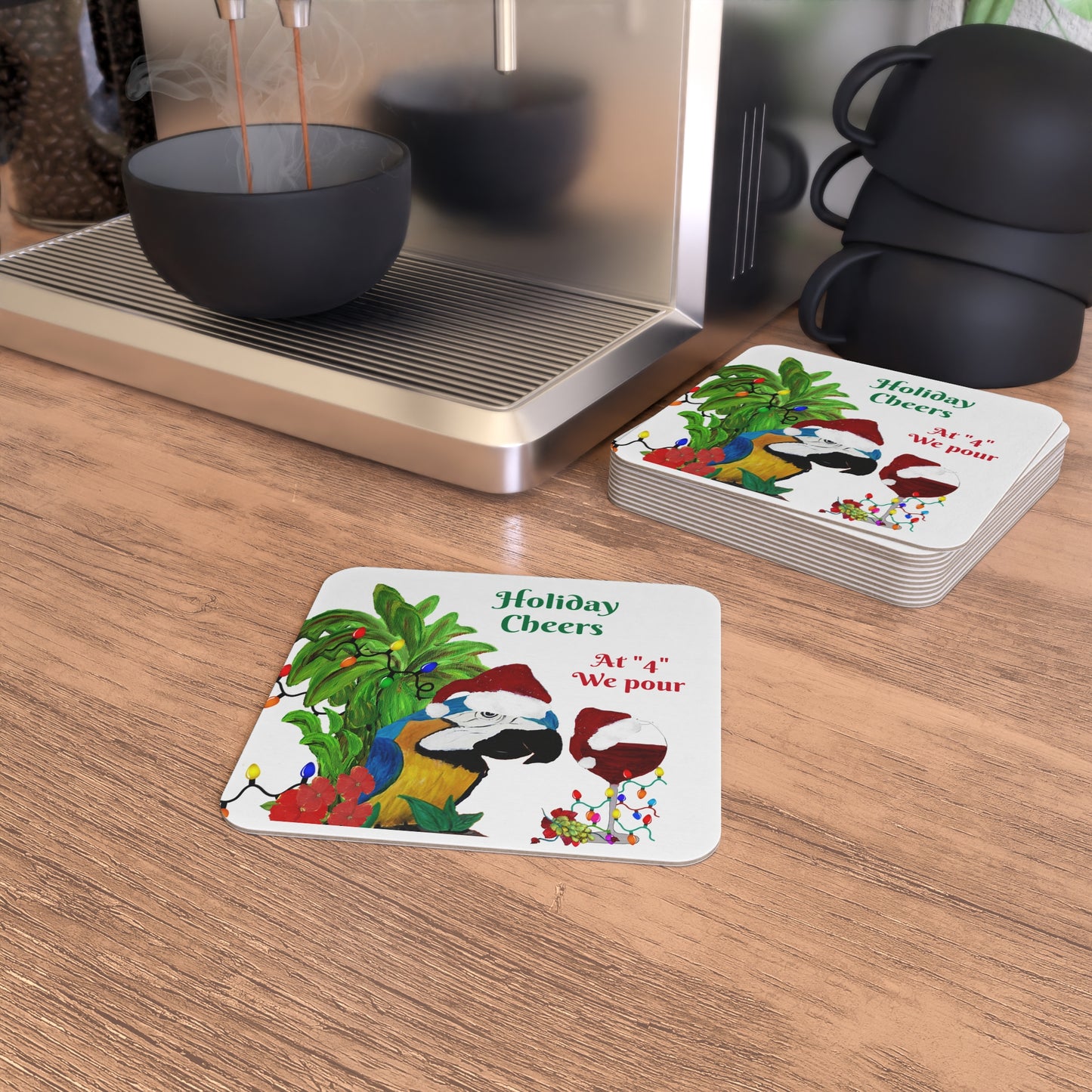 Holiday wine fextive Christmas Coasters Set Parrot Head wine Party Bar Hardboard (50 or 100 pcs) Size 4 x 4 inches.