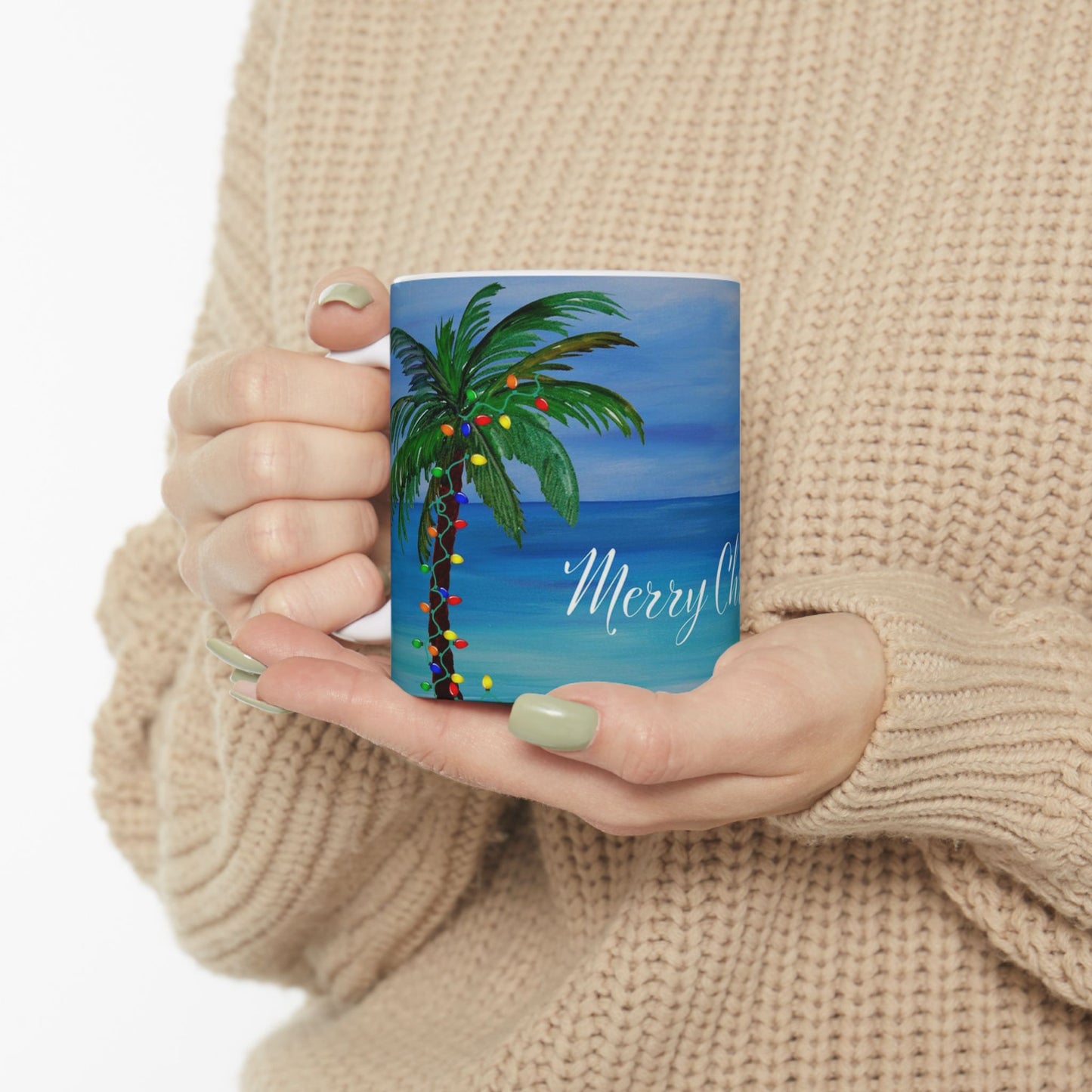 Tropical Christmas with decorated palm trees Ceramic Mug (11oz, 15oz) - Coastal Holiday Coffee Cup - Great Christmas Gift