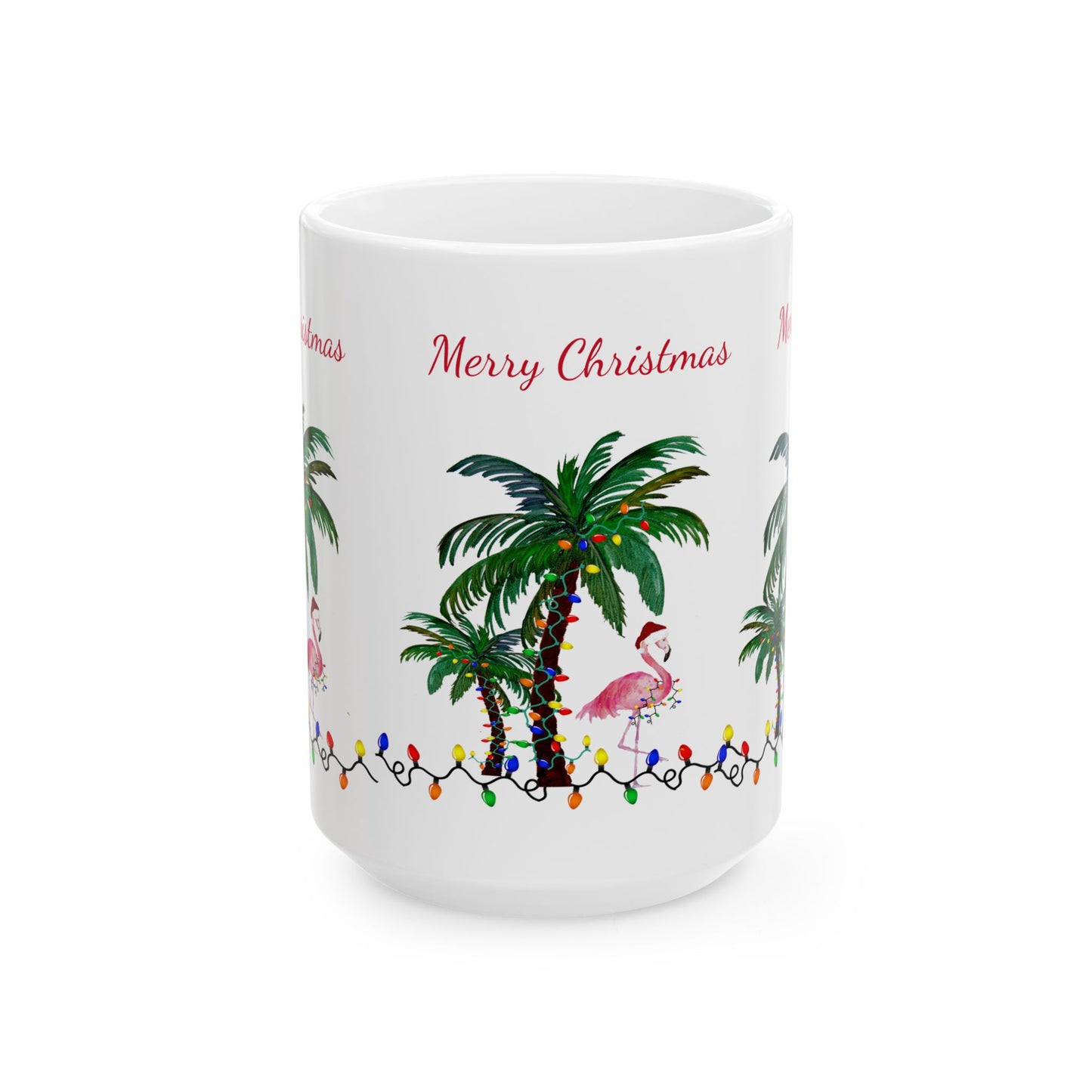 Christmas flamingo and Palm Trees Ceramic Mug (11oz, 15oz) - Coastal Holiday Coffee Cup - Great Christmas Gift