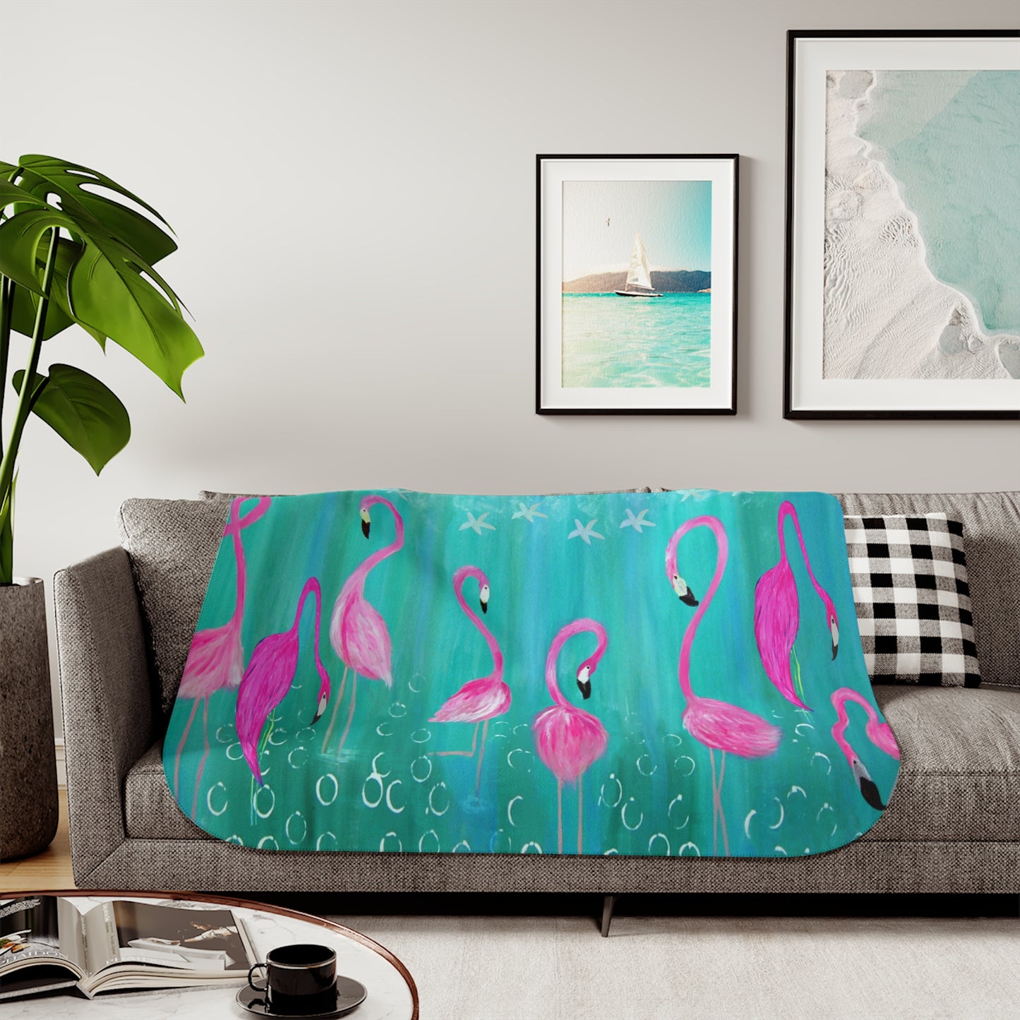 Flamingos wildbird tropicalSherpa Blanket, Coastal pink flamingos on aqua Design