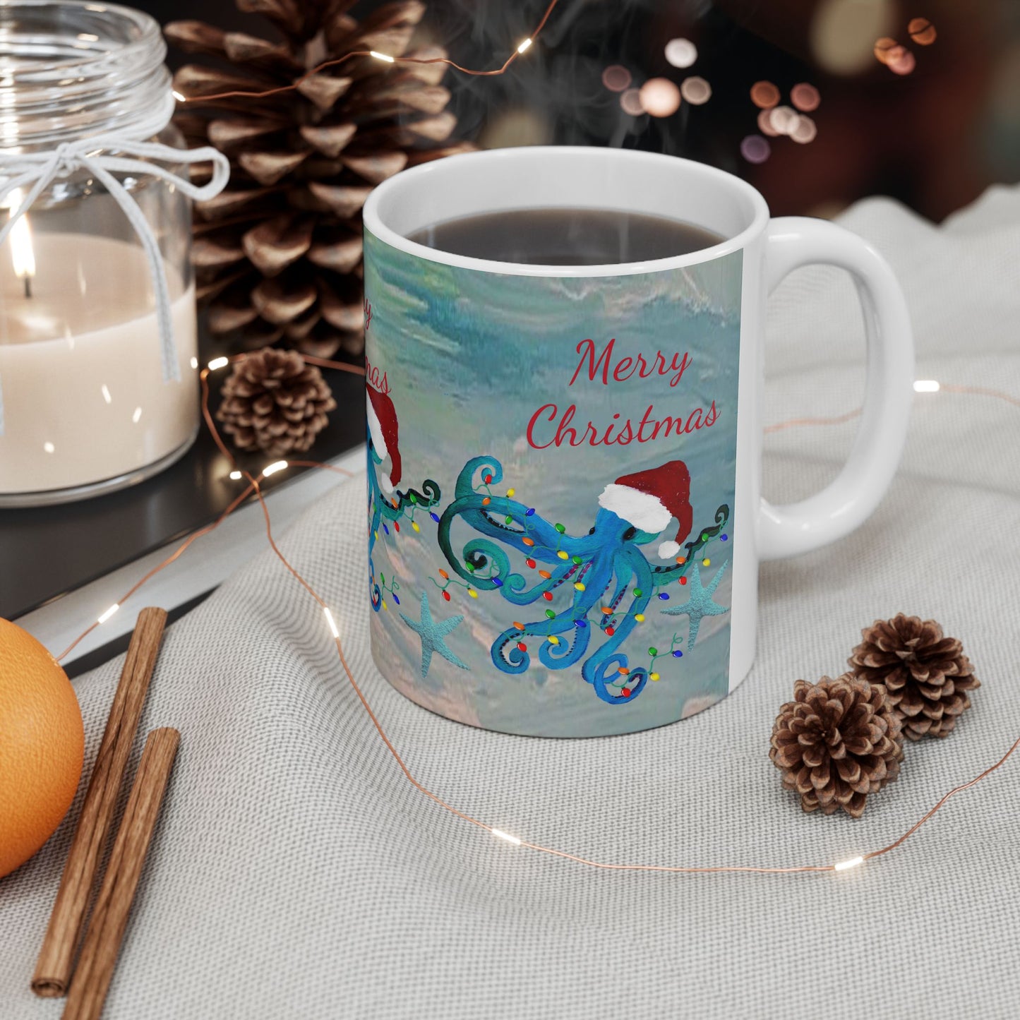 Christmas blue octopus in clearwater beach Ceramic Mug (11oz, 15oz) - Coastal Holiday Coffee Cup - Great Christmas Gift