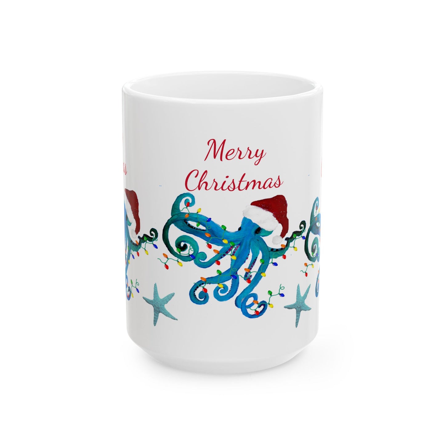 Christmas blue octopus Ceramic Mug (11oz, 15oz) - Coastal Holiday Coffee Cup - Great Christmas Gift