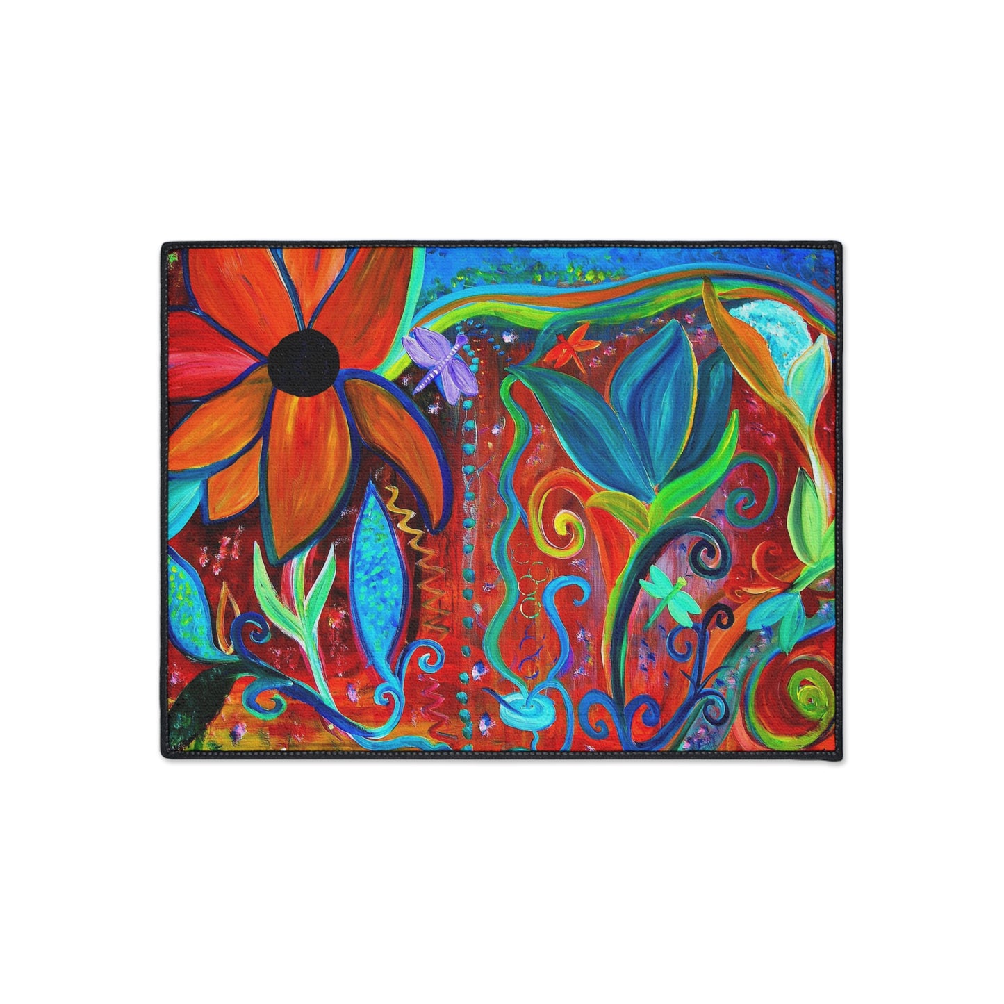 Door Mat - Abstract Floral Intuitive Art Theme - Orange Blue - Non-Skid Backing