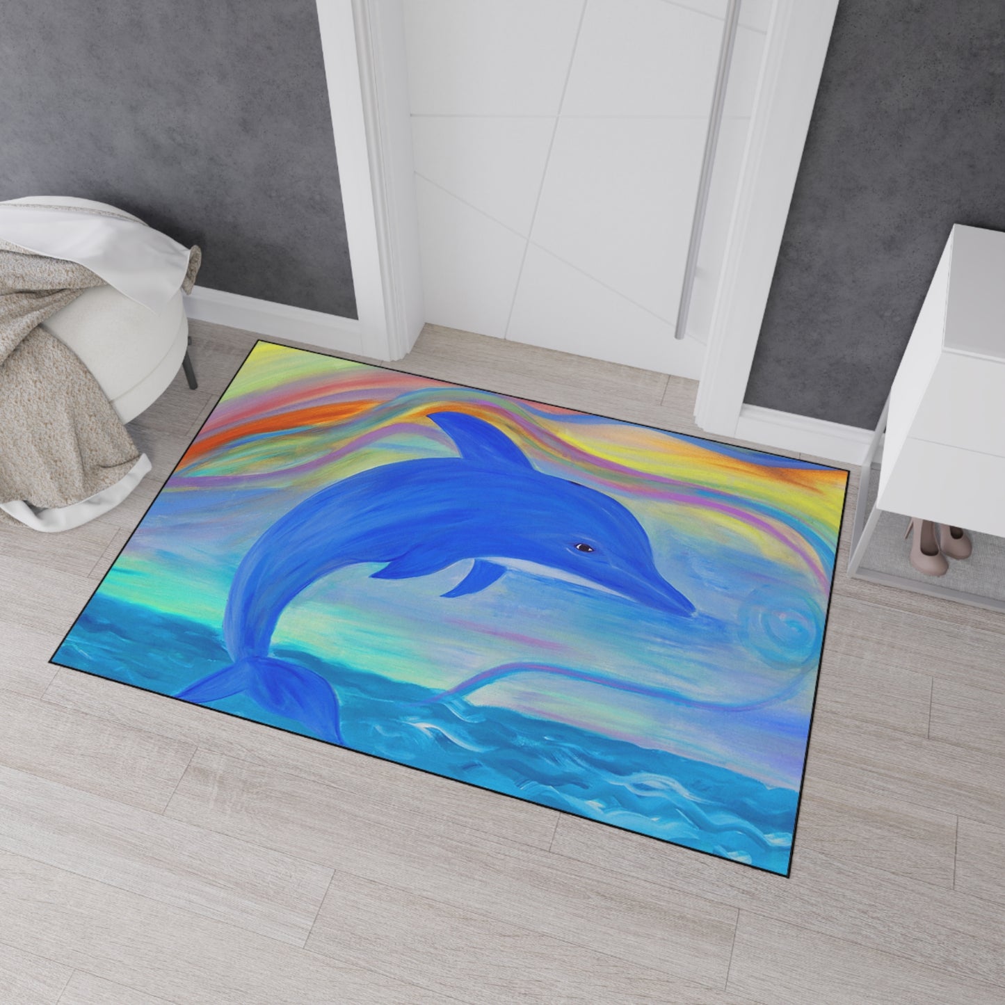 Floor Mat - Blue Dolphin Sealife Beach Coastal Theme with Non-Skid Backing