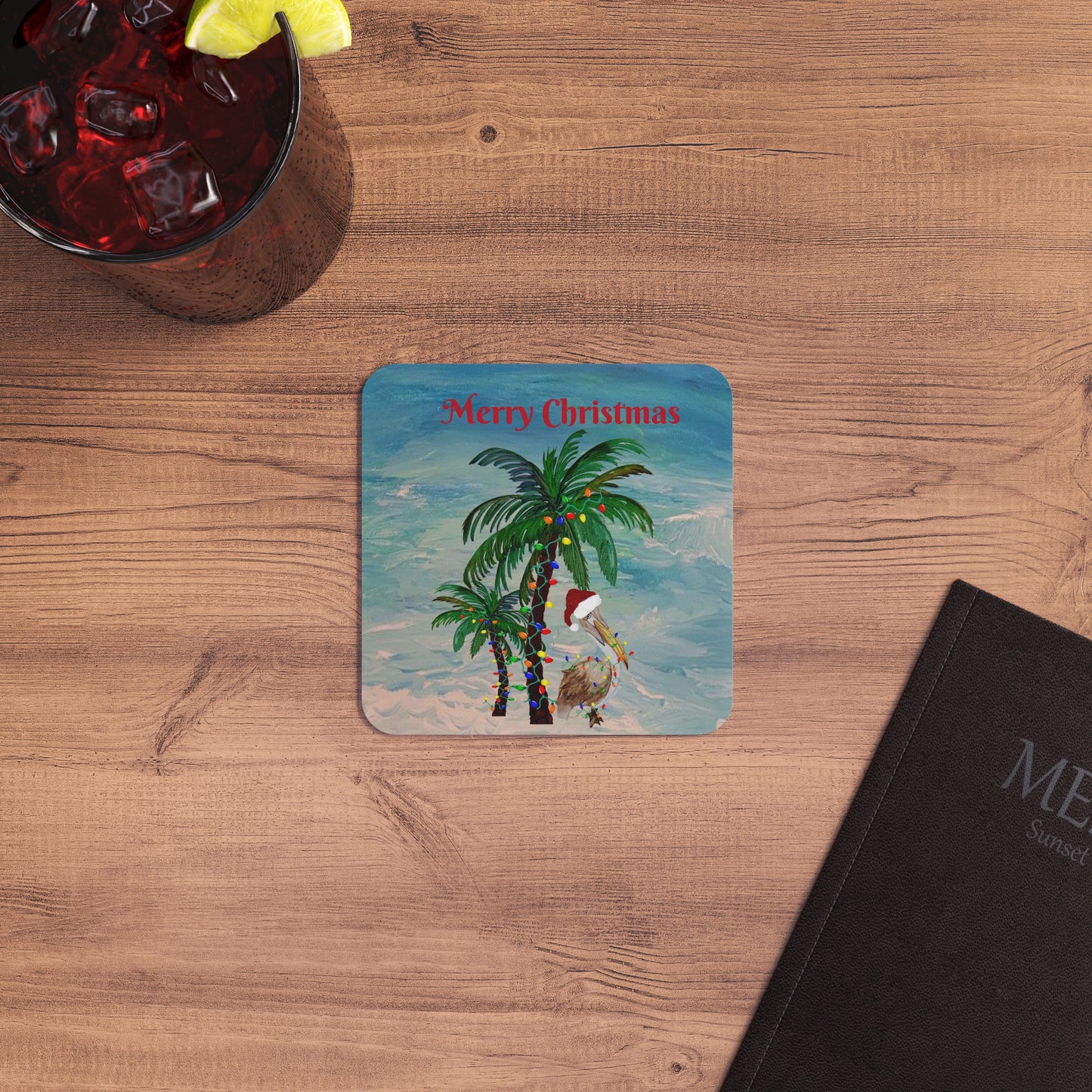 Pelican and palm trees Christmas tropical Holiday party Coasters Set Hardboard (50 or 100 pcs) Size 4 x 4 inches.