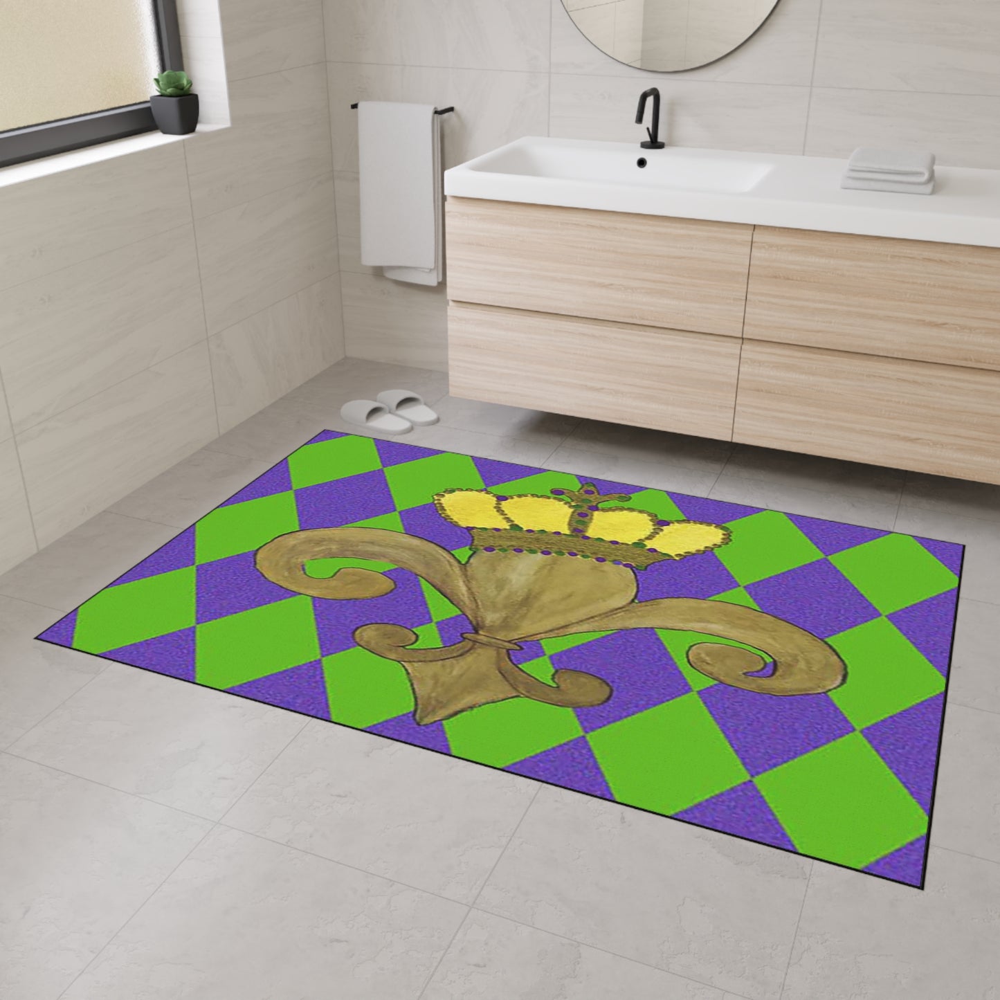 Floor Mat - Mardi Gras Gold Fleur De Lis on Purple and Yellow Background, Non-Skid Backing, 5 Sizes Available