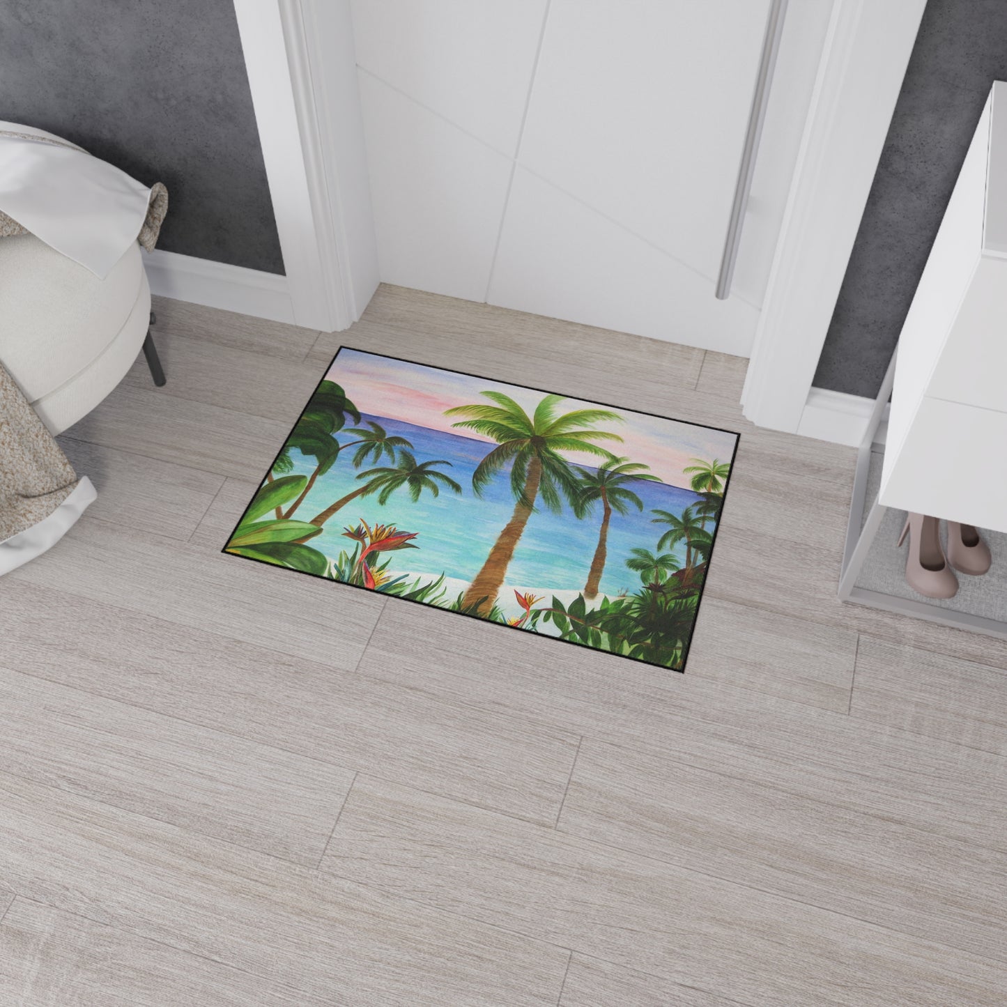 Aqua beach palm trees tropical theme coastal door floormat for indoor or outdoor with Non-Skid Backing, 5 Sizes Available