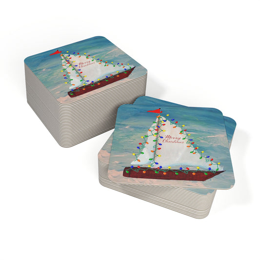 Christmas nautical boat parade with colorful Holiday lights party Coasters Set Hardboard (50 or 100 pcs) Size 4 x 4 inches.