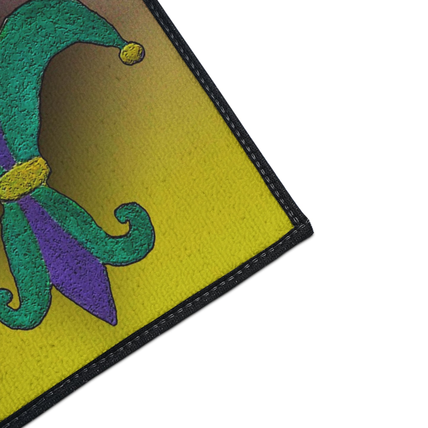 Jester Mardi Gras festive Fleur De Lis on Purple and Yellow Background, Non-Skid Backing, 5 Sizes Available