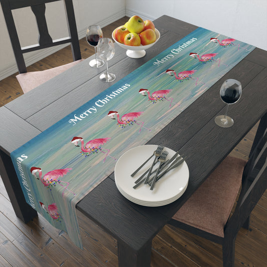 Flamingos Christmas tropical Holiday barware Table Runner  with my art. Available in 2 sizes