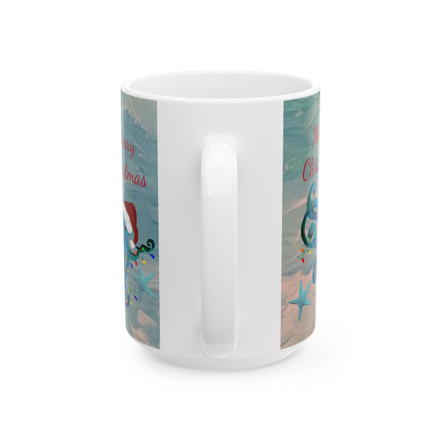 Christmas blue octopus in clearwater beach Ceramic Mug (11oz, 15oz) - Coastal Holiday Coffee Cup - Great Christmas Gift