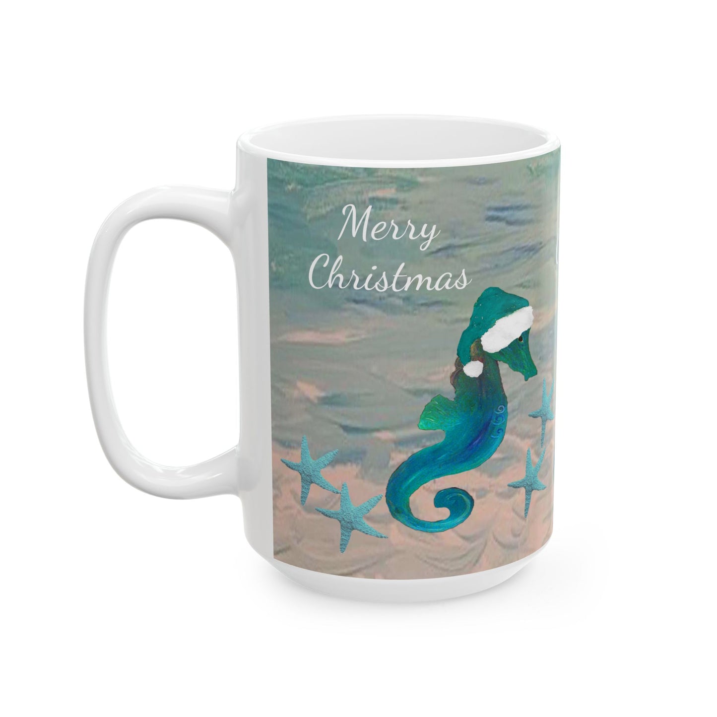 Christmas seahorse with teal Santa hat in clearwater beach Ceramic Mug (11oz, 15oz) - Coastal Holiday Coffee Cup - Great Christmas Gift