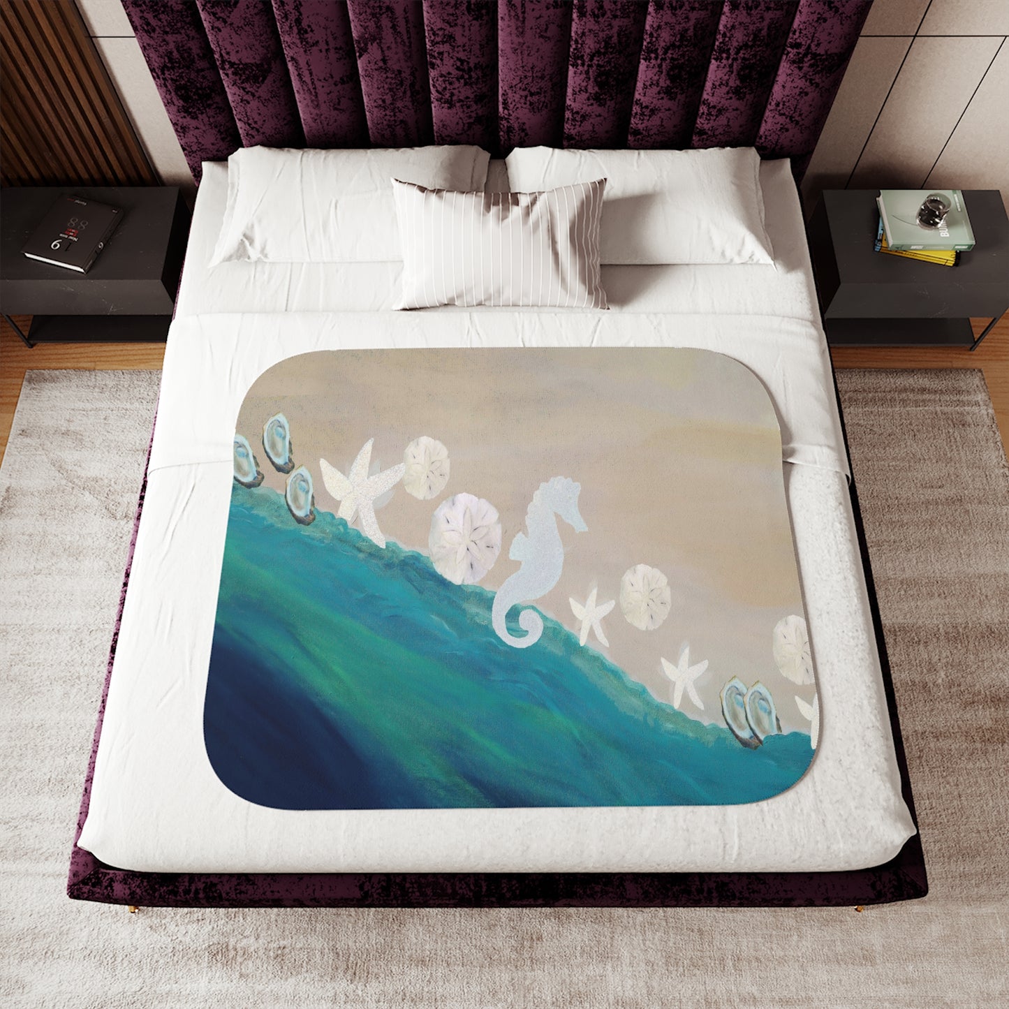 Coastal shores with seahorse, seashells and starfish art Sherpa Blanket, Coastal beach Design, Two Colors