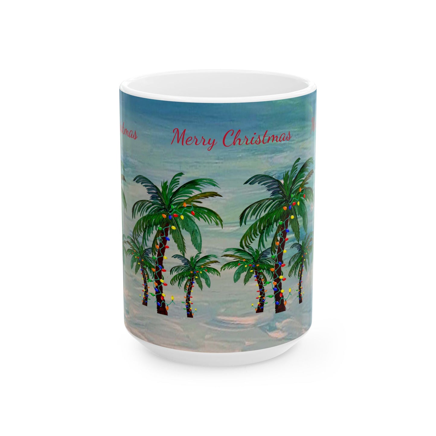 Christmas Palm Trees Ceramic Mug (11oz, 15oz) - Coastal Holiday Coffee Cup - Great Christmas Gift