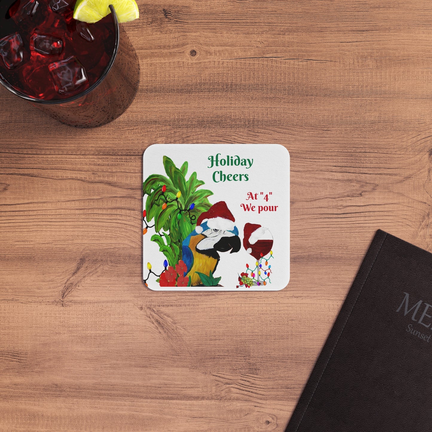 Holiday wine fextive Christmas Coasters Set Parrot Head wine Party Bar Hardboard (50 or 100 pcs) Size 4 x 4 inches.