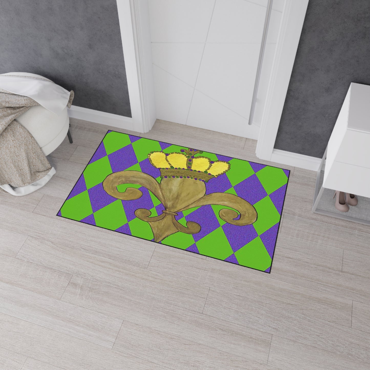 Floor Mat - Mardi Gras Gold Fleur De Lis on Purple and Yellow Background, Non-Skid Backing, 5 Sizes Available