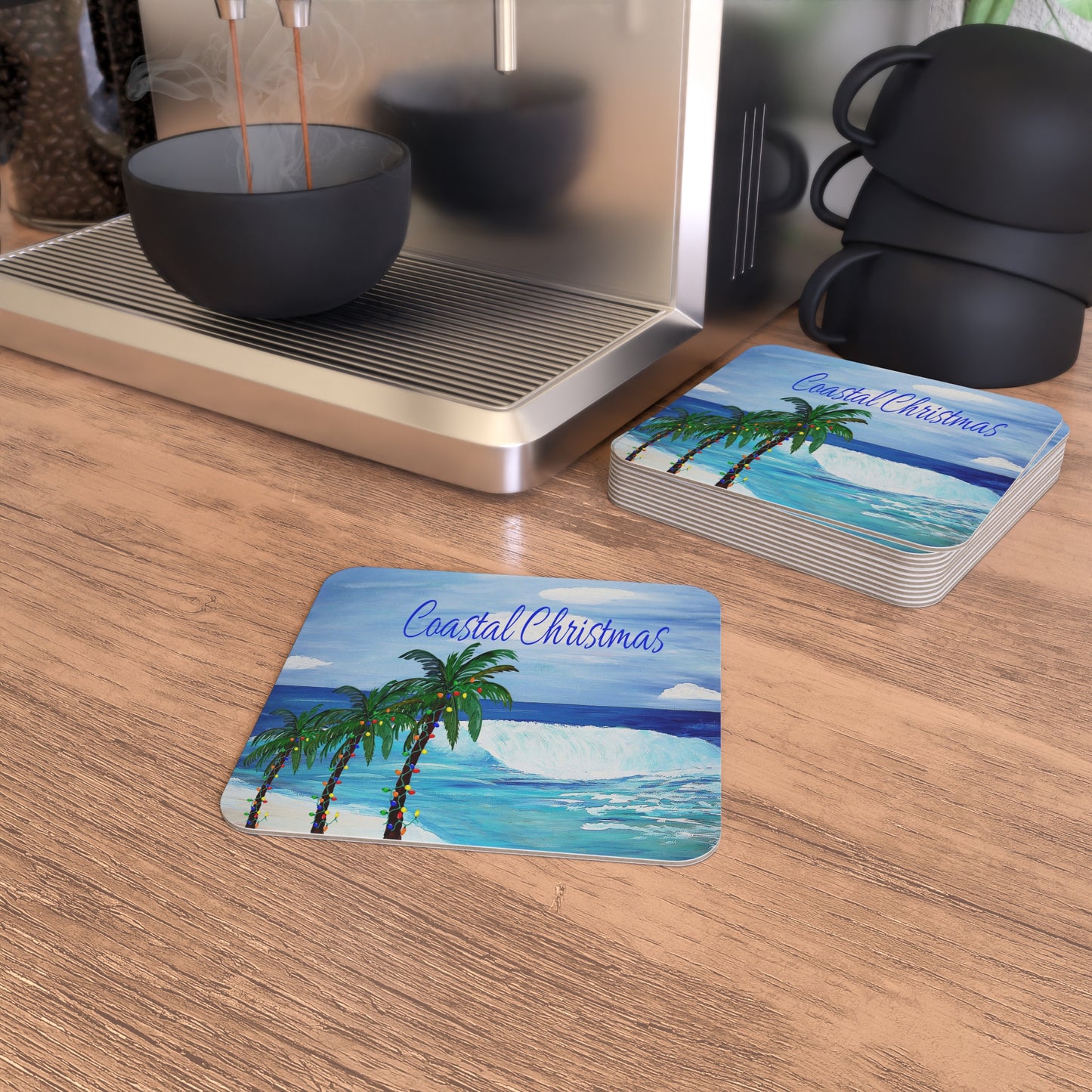 Coastal Christmas tropical Holiday party Coasters Set Hardboard (50 or 100 pcs) Size 4 x 4 inches.