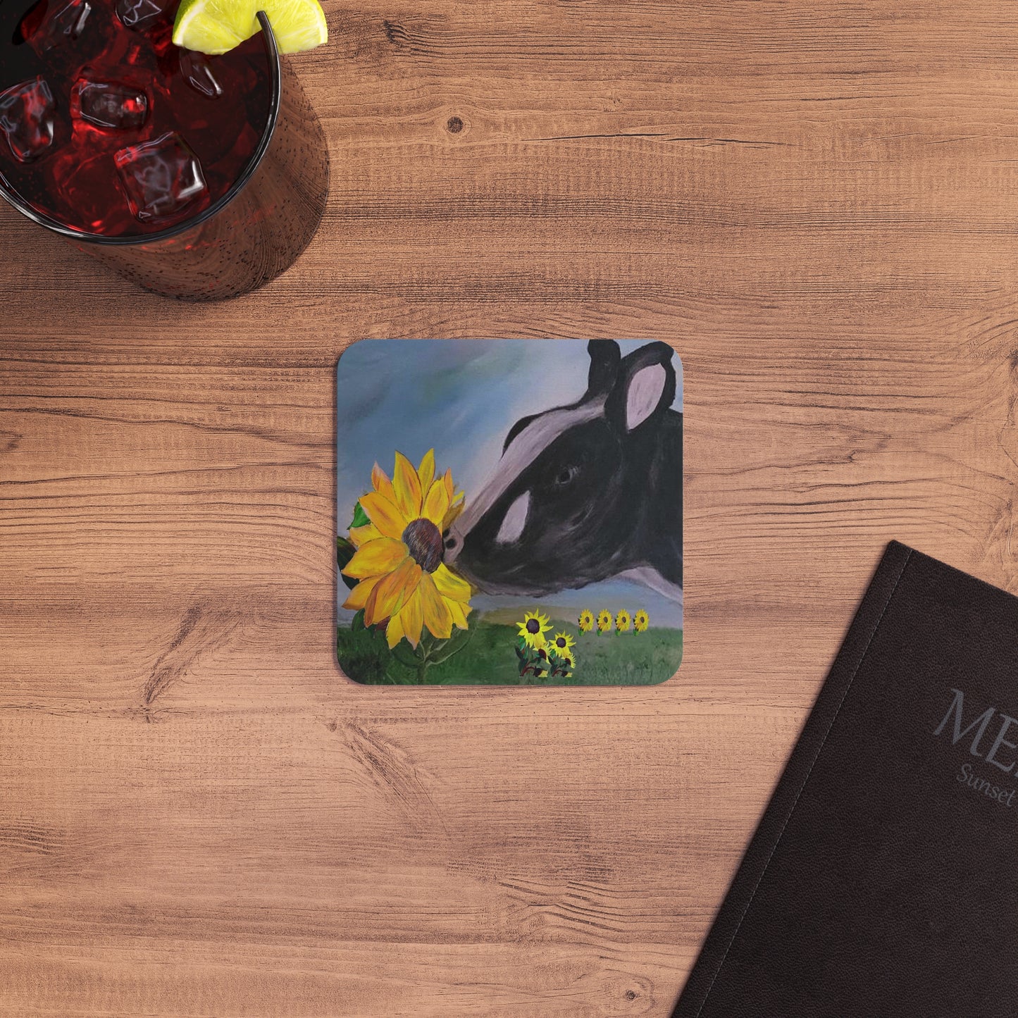 Farmhouse Coasters Set, Sunflower Cow Art Coasters, Rustic Kitchen Decor, Gift for Farmers, Barware Accessories, Floral Home Decor
