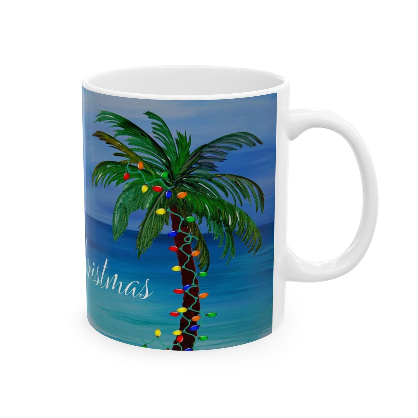 Tropical Christmas with decorated palm trees Ceramic Mug (11oz, 15oz) - Coastal Holiday Coffee Cup - Great Christmas Gift